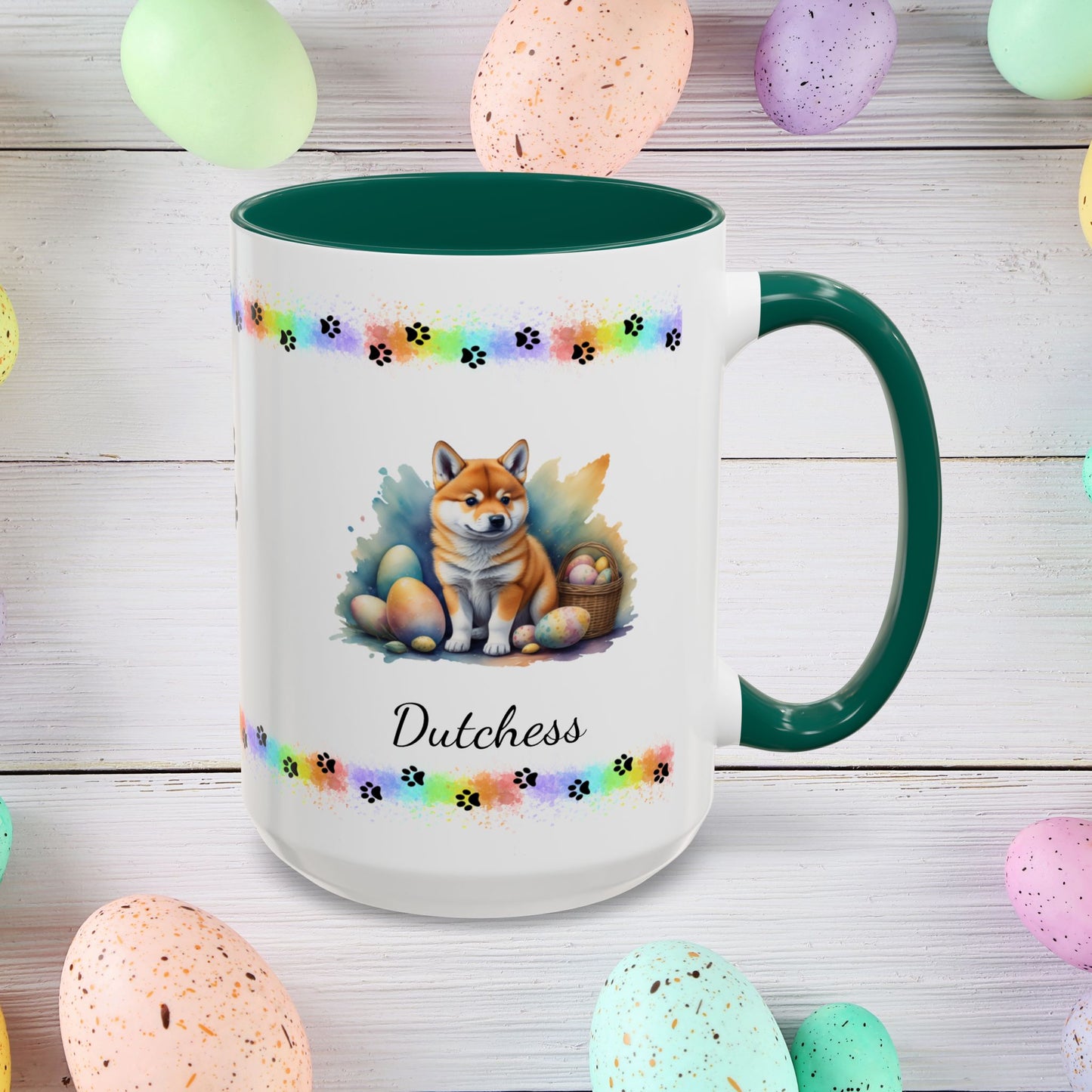 Shiba Inu Easter puppy coffee mug personalized for dog lovers, perfect for mental health support and Easter happiness.