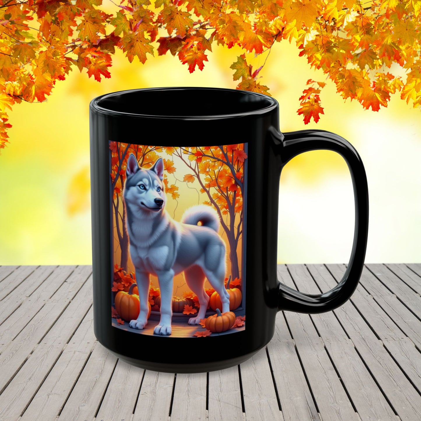 Silver Siberian Husky (Blue Eyes) fall mug, custom coffee cup gift for dog lovers and Husky parents