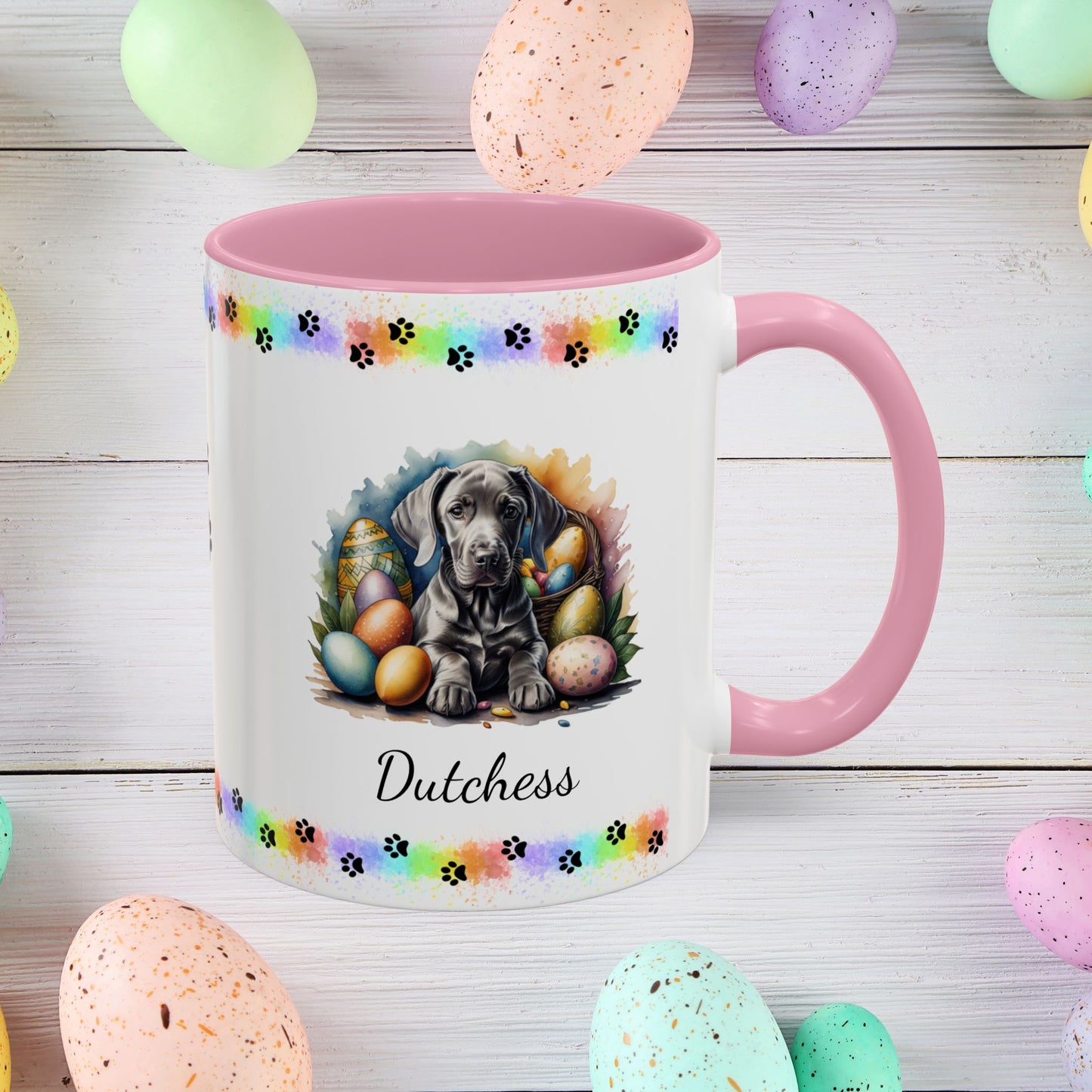 Weimaraner mouse gray Easter puppy coffee mug personalized, charming dog gift for mindfulness and Easter celebration.