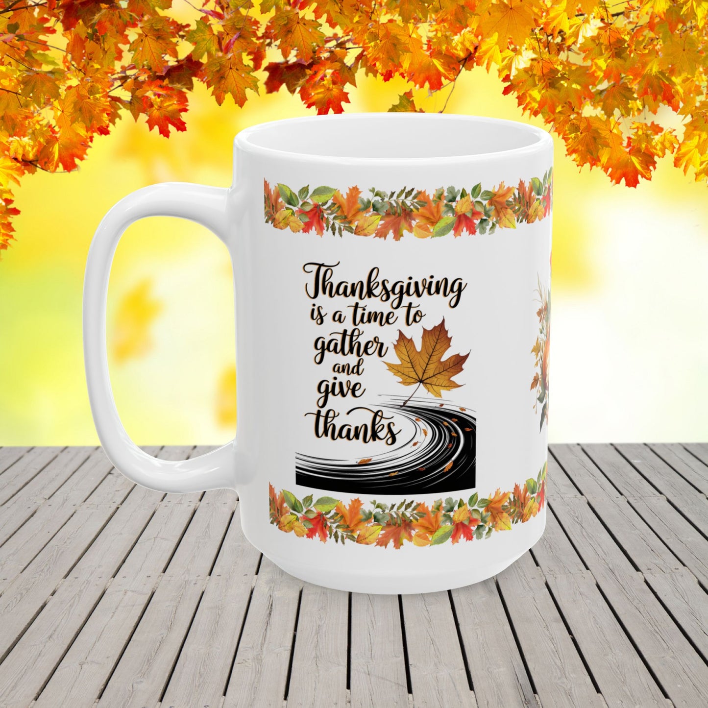 Ceramic Mug for Thanksgiving with "Gather and Give Thanks Together" Message for Family Moments