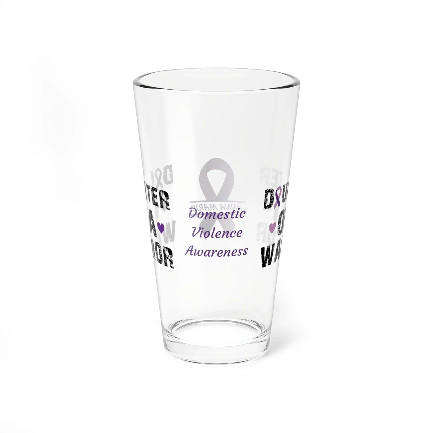 Shop our premium daughter of a warrior domestic violence awareness pint glass 16oz from MySisterIsASurvivor.