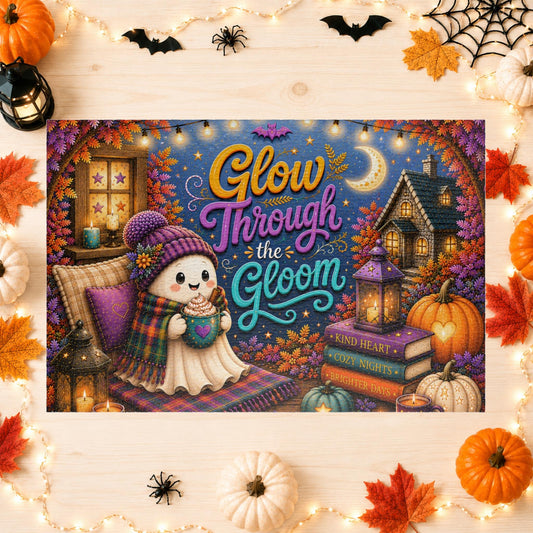 Glow Through the Gloom Halloween puzzle with cozy ghost, heart mug, books, and cottage artwork