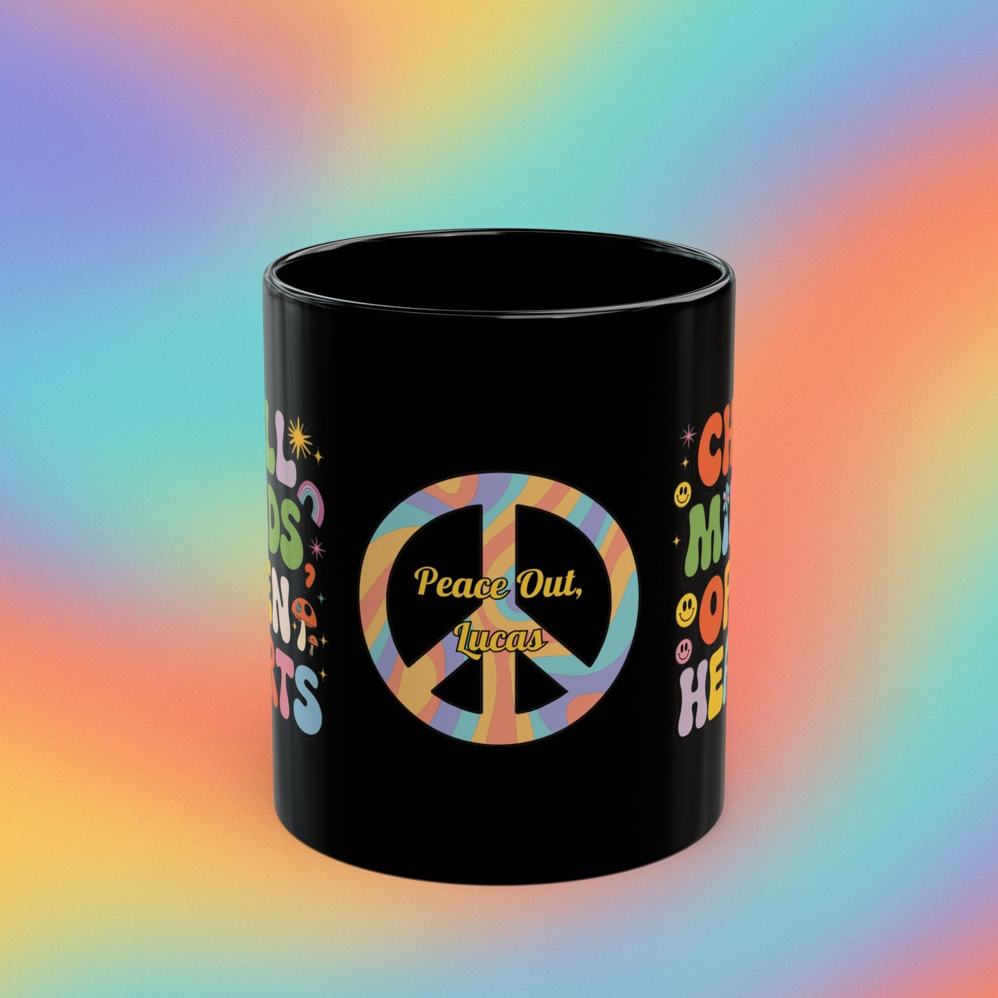 Chill Minds Open Hearts custom mug, retro 70s mental health coffee cup gift - MySisterIsASurvivor