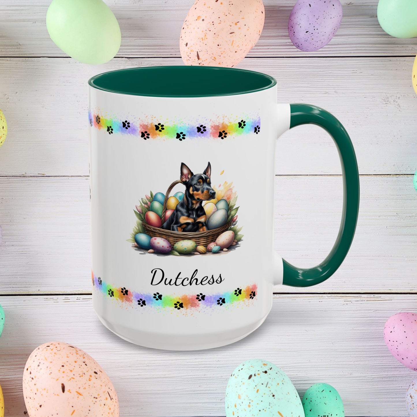 Doberman personalized Easter puppy mug, cute dog coffee cup gift for mental health awareness and comfort
