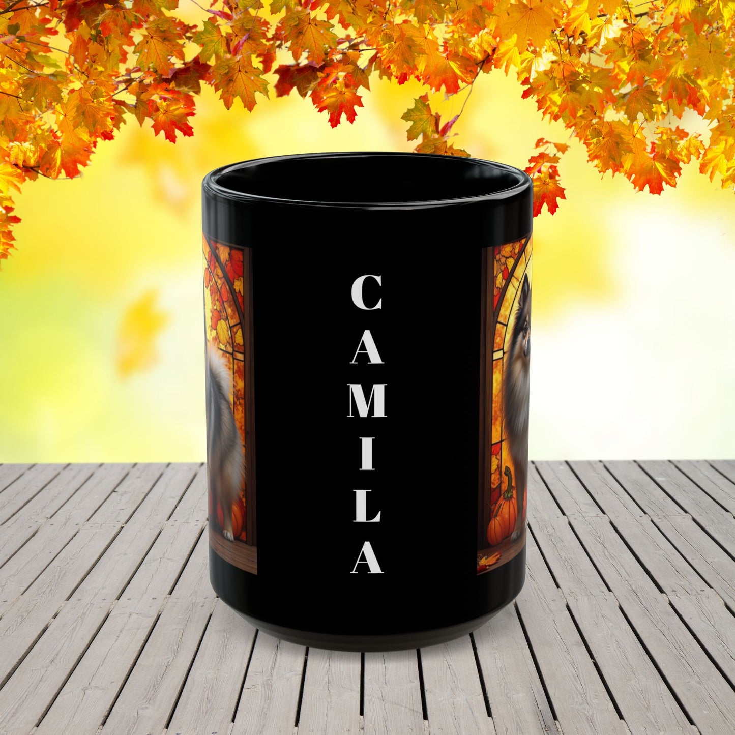 Wolf Sable Pomeranian autumn mug, personalized coffee cup for dog moms, dads, and Pom enthusiasts