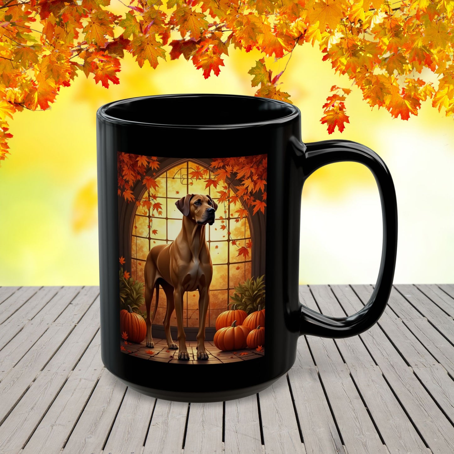 Fawn Great Dane coffee mug with pumpkins and leaves, personalized fall coffee cup for dog lovers