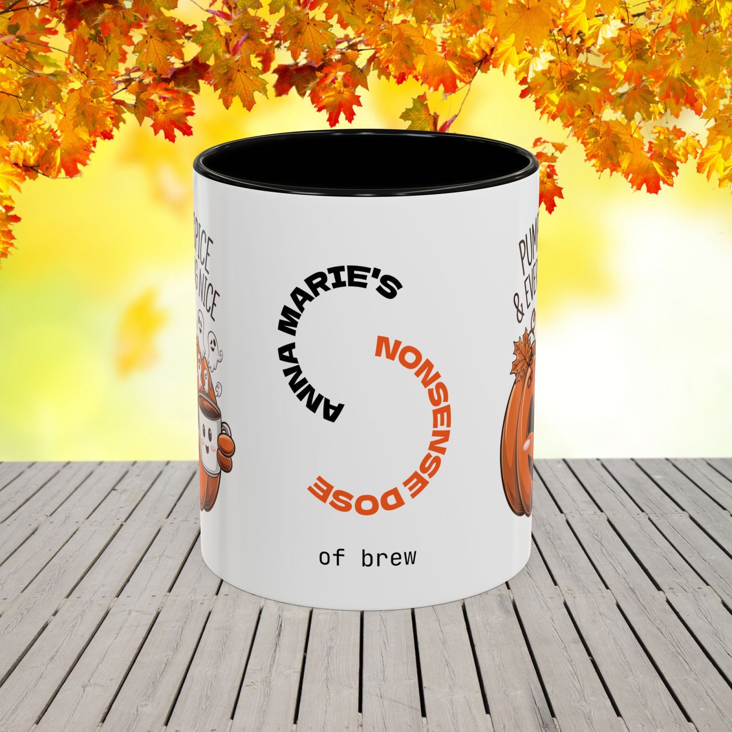 Festive Halloween coffee mug with “Pumpkin Spice & Everything Nice” phrase, promoting positivity and emotional wellness