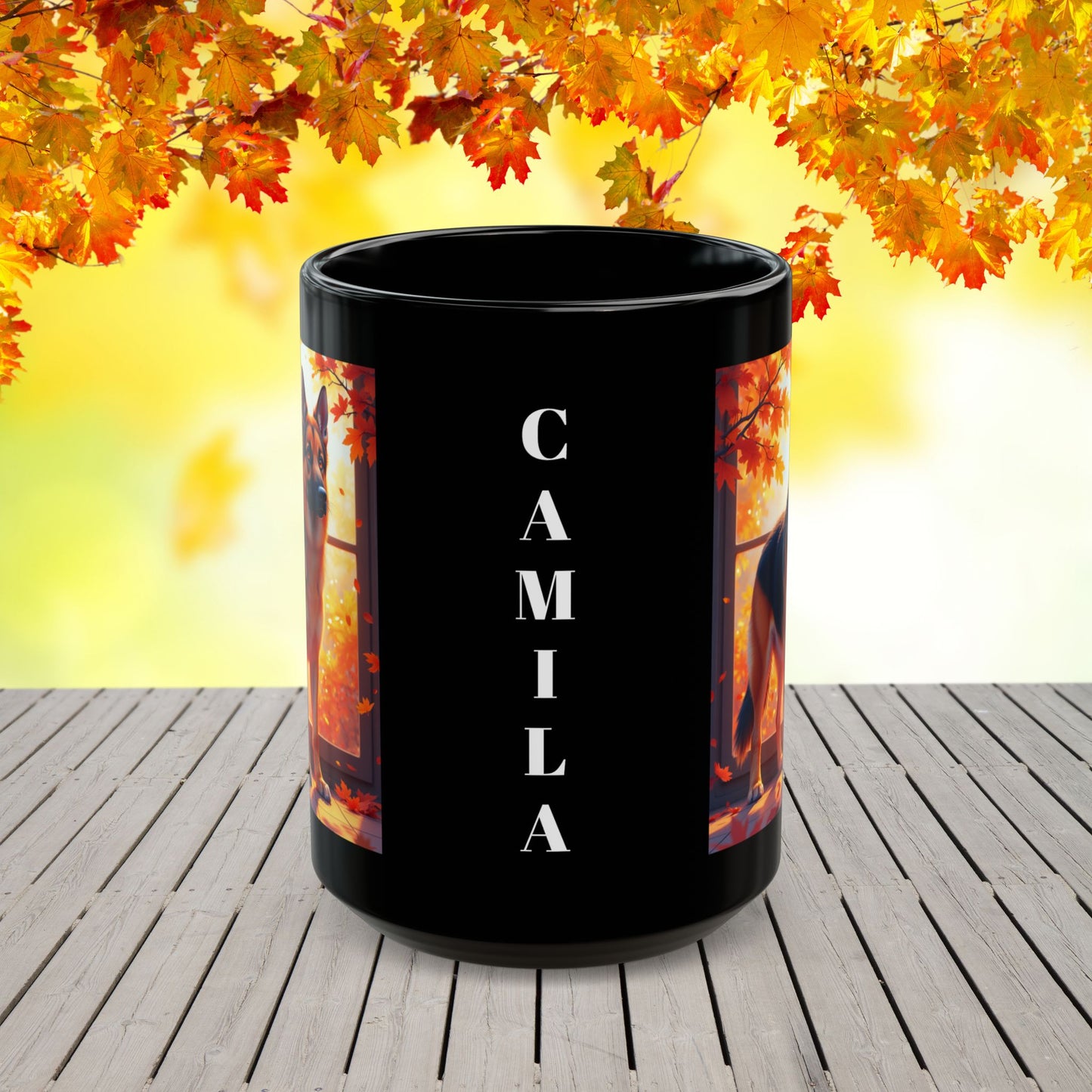 Black & Red German Shepherd Autumn Custom Mug - Personalized Fall Dog Coffee Cup for Home or Office