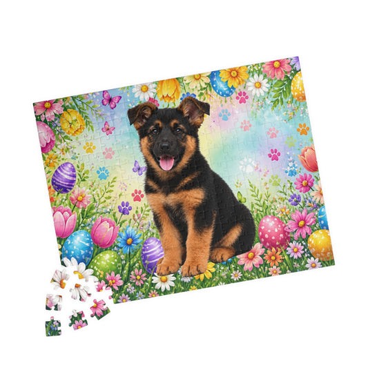 German Shepherd (Black & Red) Easter Puppy Puzzle - Spring Garden with Eggs, Tulips, and Daisies