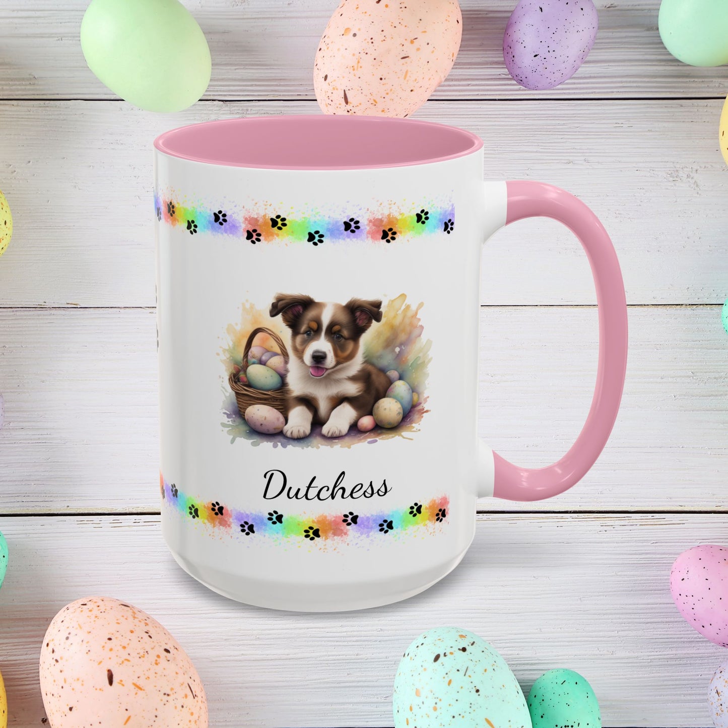 Border Collie Brown & White personalized Easter puppy mug, cute dog coffee cup, mental health awareness gift