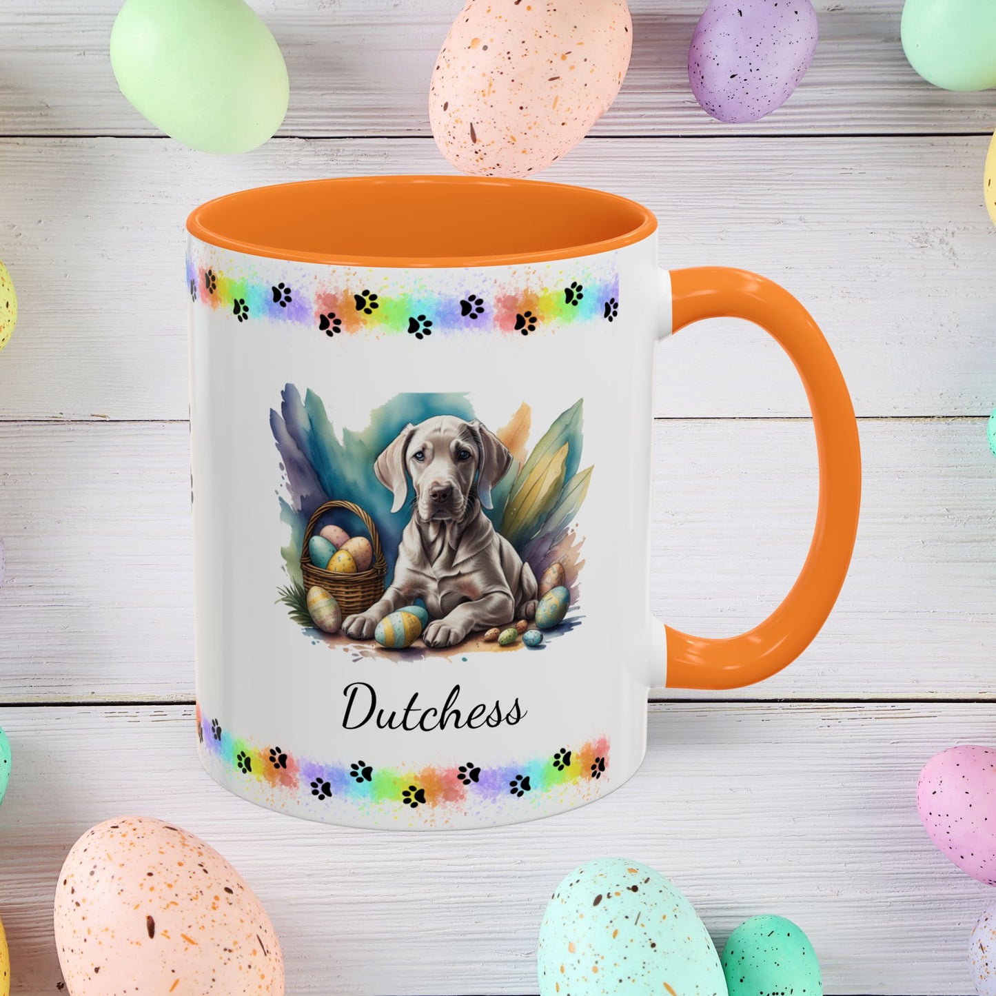 Weimaraner taupe Easter puppy coffee mug personalized dog design, ideal for promoting calm, comfort, and spring cheer.