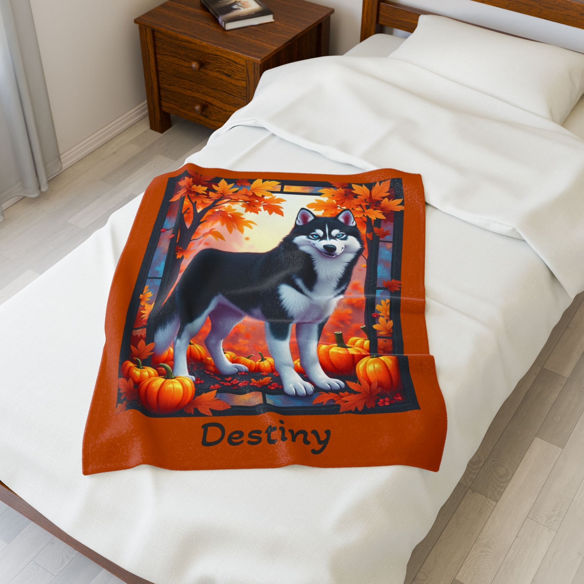 Siberian Husky Black & White Coat (Blue Eyes) Velveteen Blanket, Personalized Plush Dog Throw