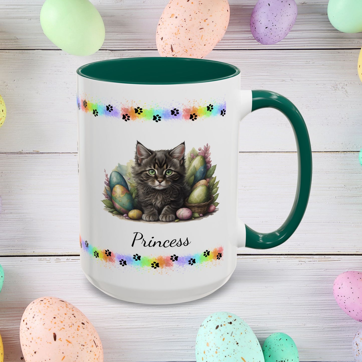 Maine Coon Easter kitten mug, personalized cute cat coffee cup, gift for mental health support and comfort