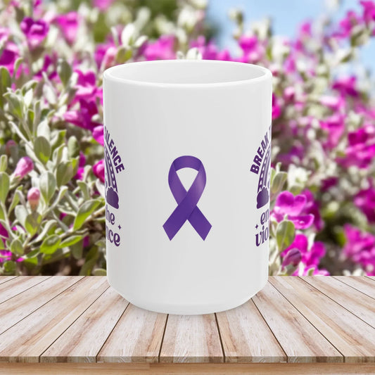 Shop our break the silence end the violence ceramic mug 11oz 15oz featuring the 15oz style option from MySisterIsASurvivor.