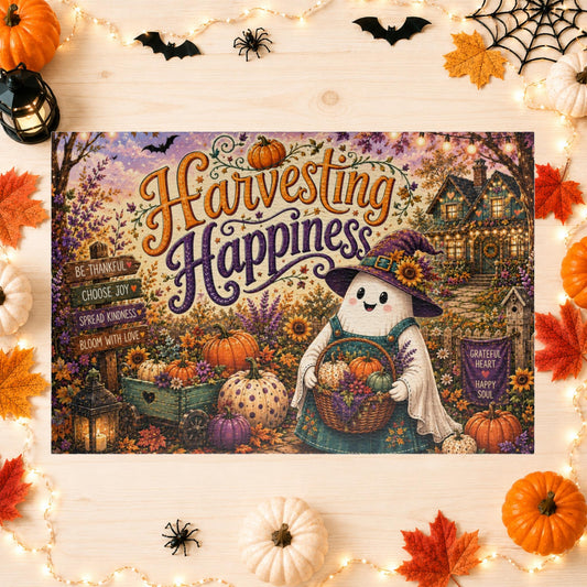 Harvesting Happiness Halloween puzzle with witch ghost, pumpkins, sunflowers, and harvest basket