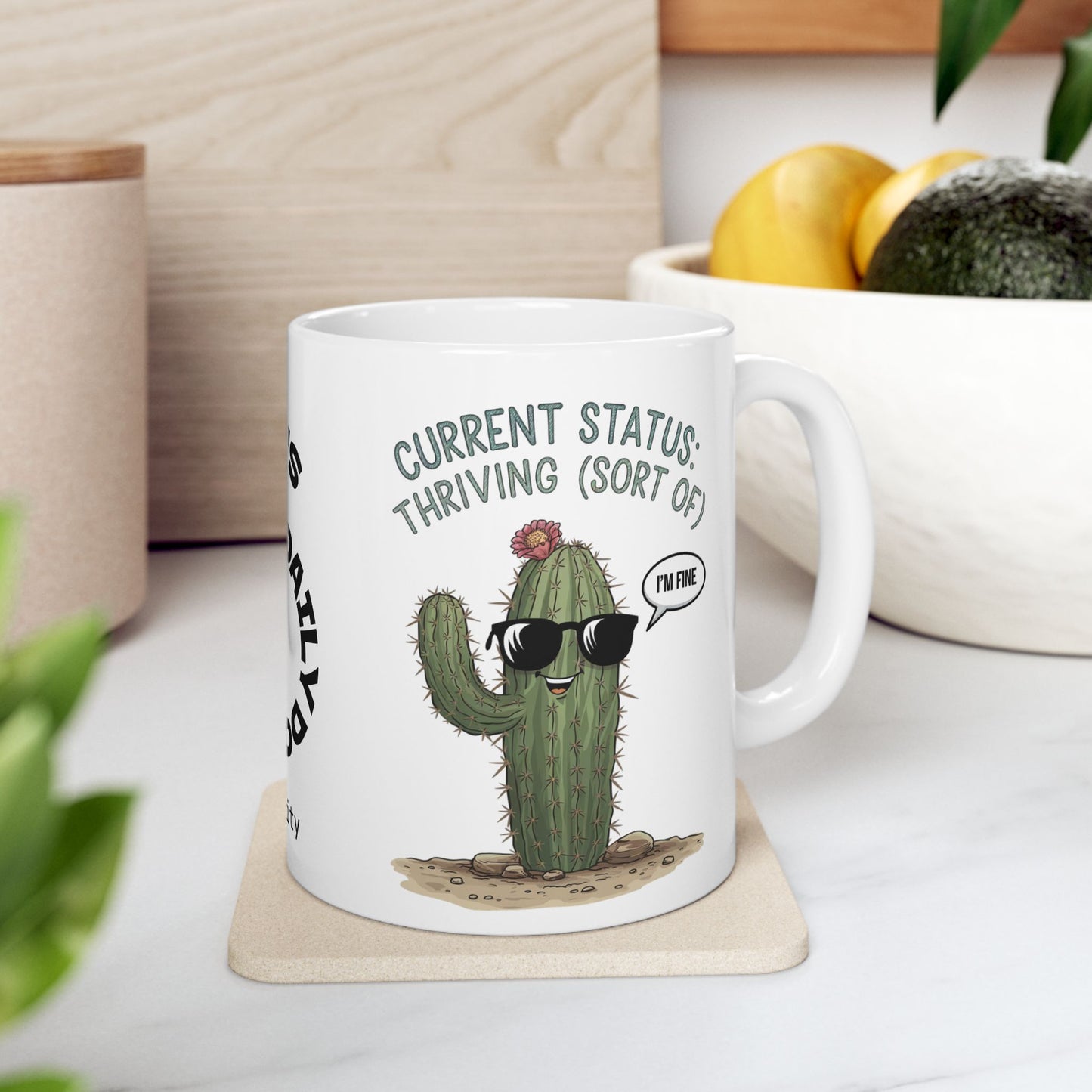 "Current Status: Thriving (Sort Of)" funny mental health mug, personalized for anxiety relief and self-care affirmations.