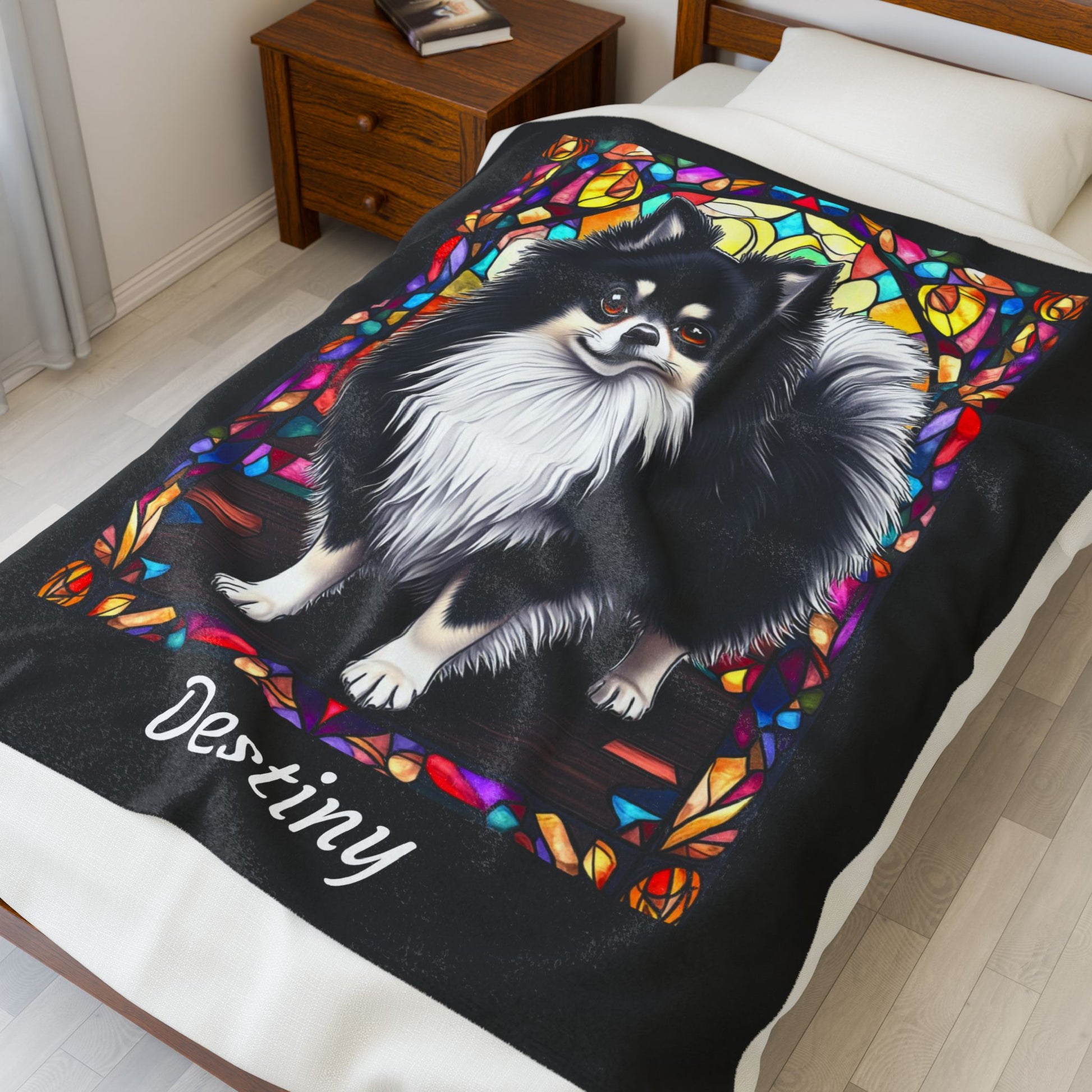 Pomeranian Black & White Coat Blanket, Velveteen Plush Stained Glass Dog Throw, Pet Lover Gift