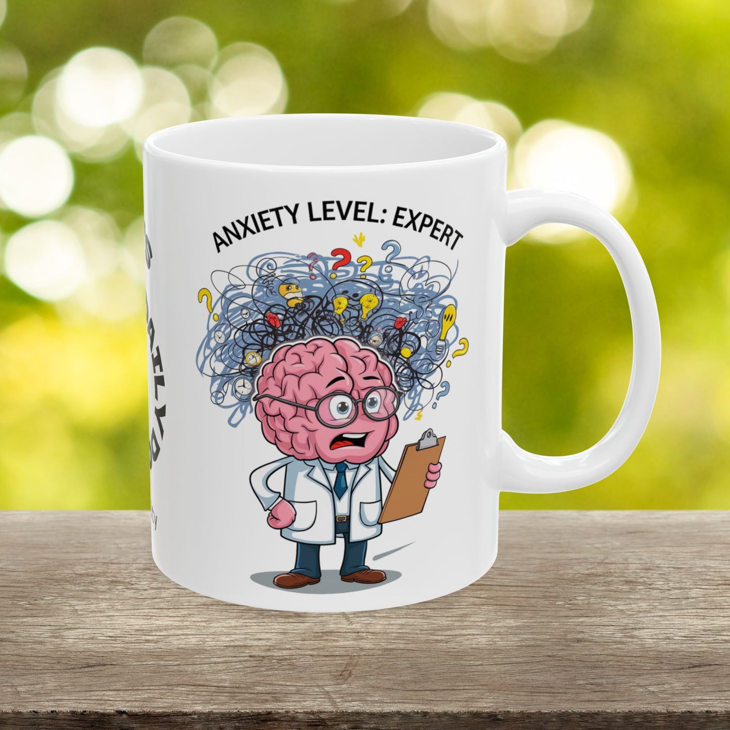 "Anxiety Level: Expert" funny mental health mug with affirmations for anxiety relief and self-care.