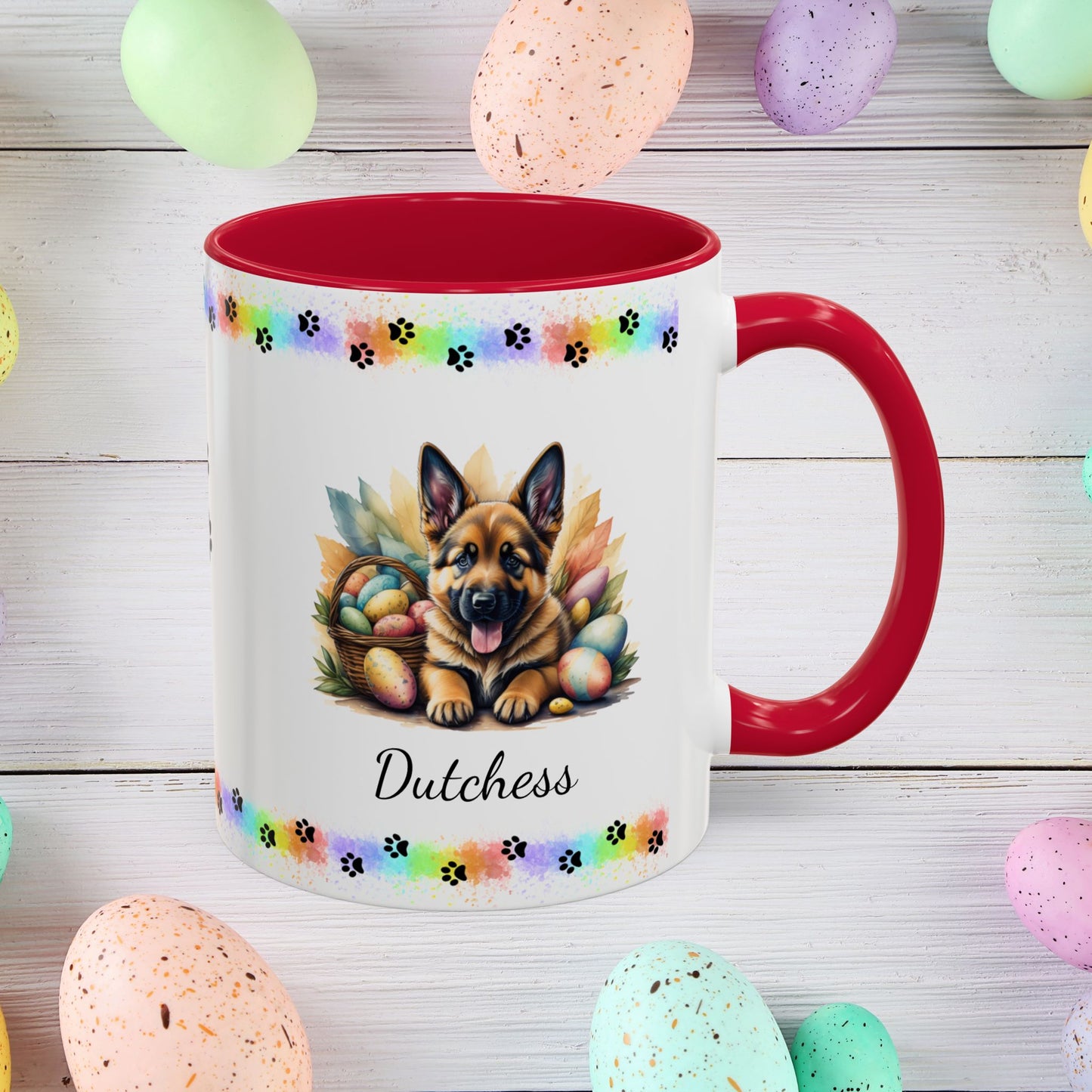 German Shepherd (Saddle): Personalized Easter Puppy Coffee Mug - Adorable Dog Design, Mental Health Gift, 11oz & 15oz, 12 Color Choices, Easter Gifts & Décor
