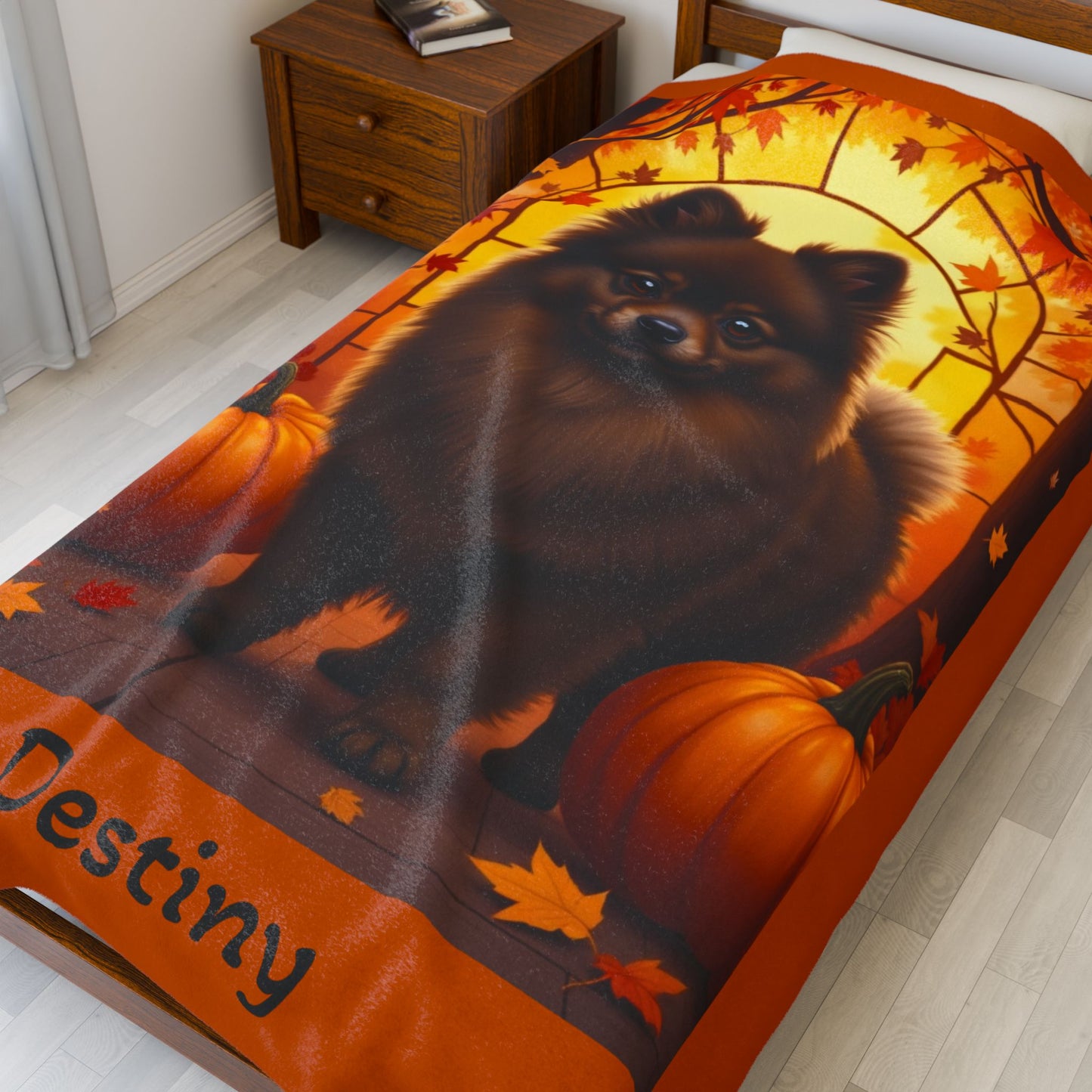 Chocolate Pomeranian velveteen plush blanket, soft throw for dog lovers, cozy home accent blanket gift idea