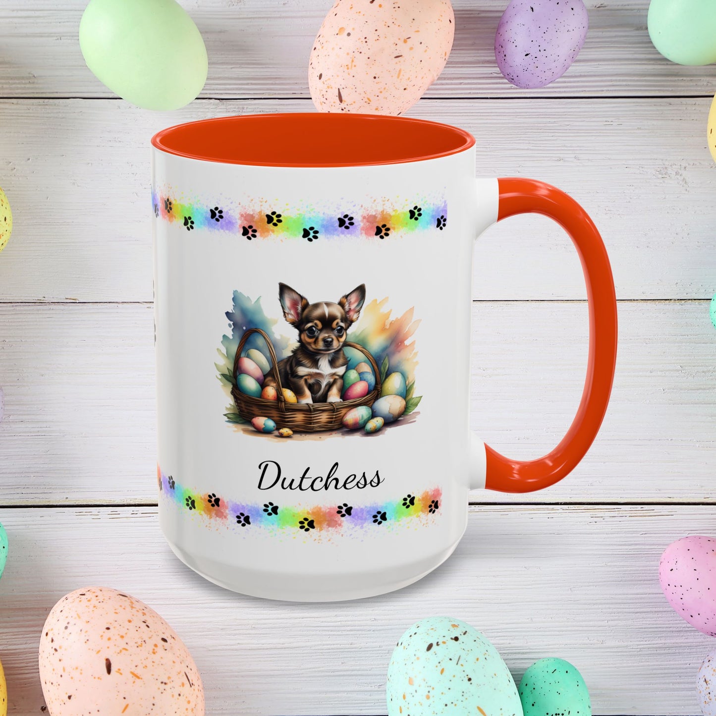 Chihuahua (Black Tri): Personalized Easter Puppy Coffee Mug - Adorable Dog Design, Mental Health Gift, 11oz & 15oz, 12 Color Choices, Easter Gifts & Décor