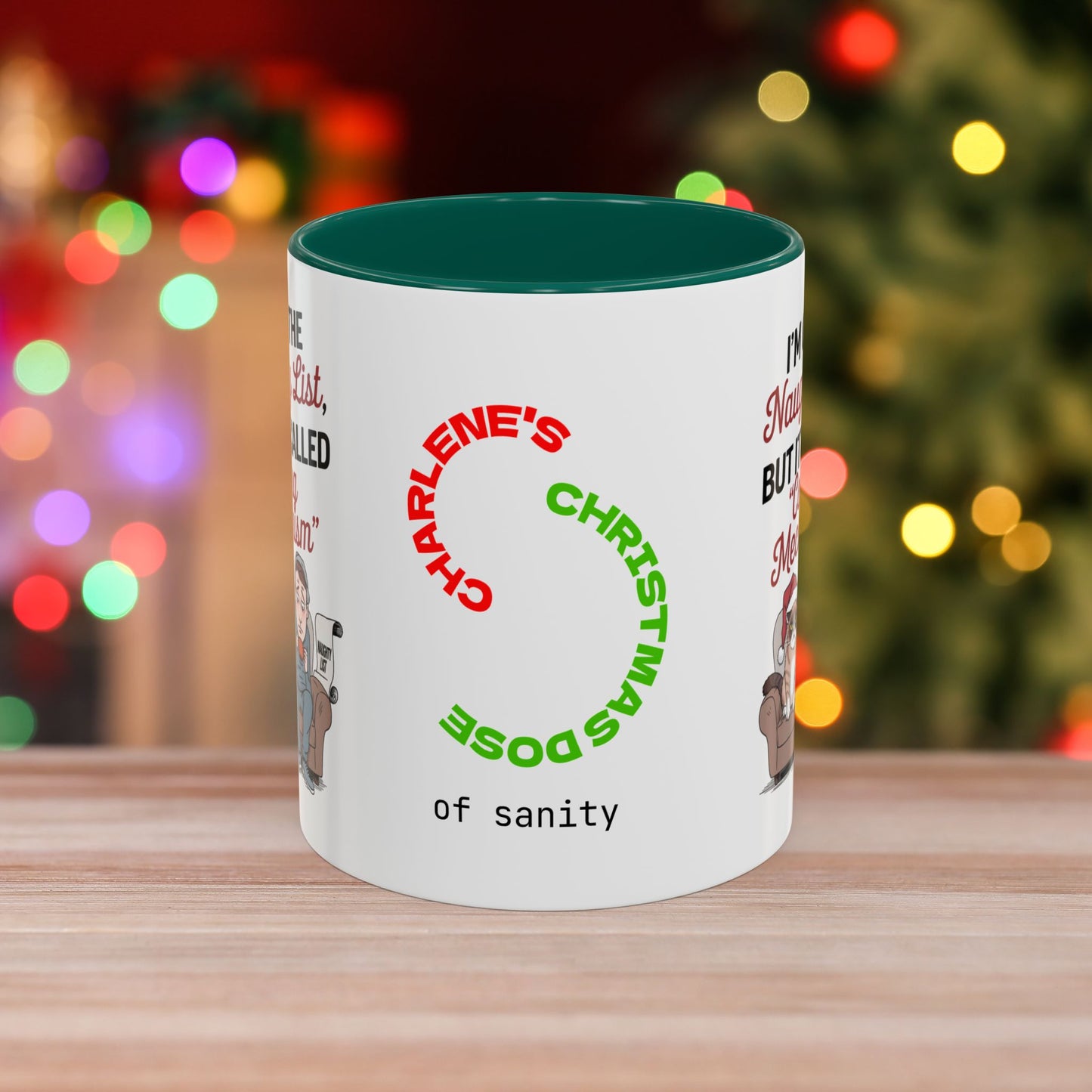 I'm On The Naughty List, But It's Called 'Coping Mechanism' - Christmas Mug with Male and Cat Design and Accent Color