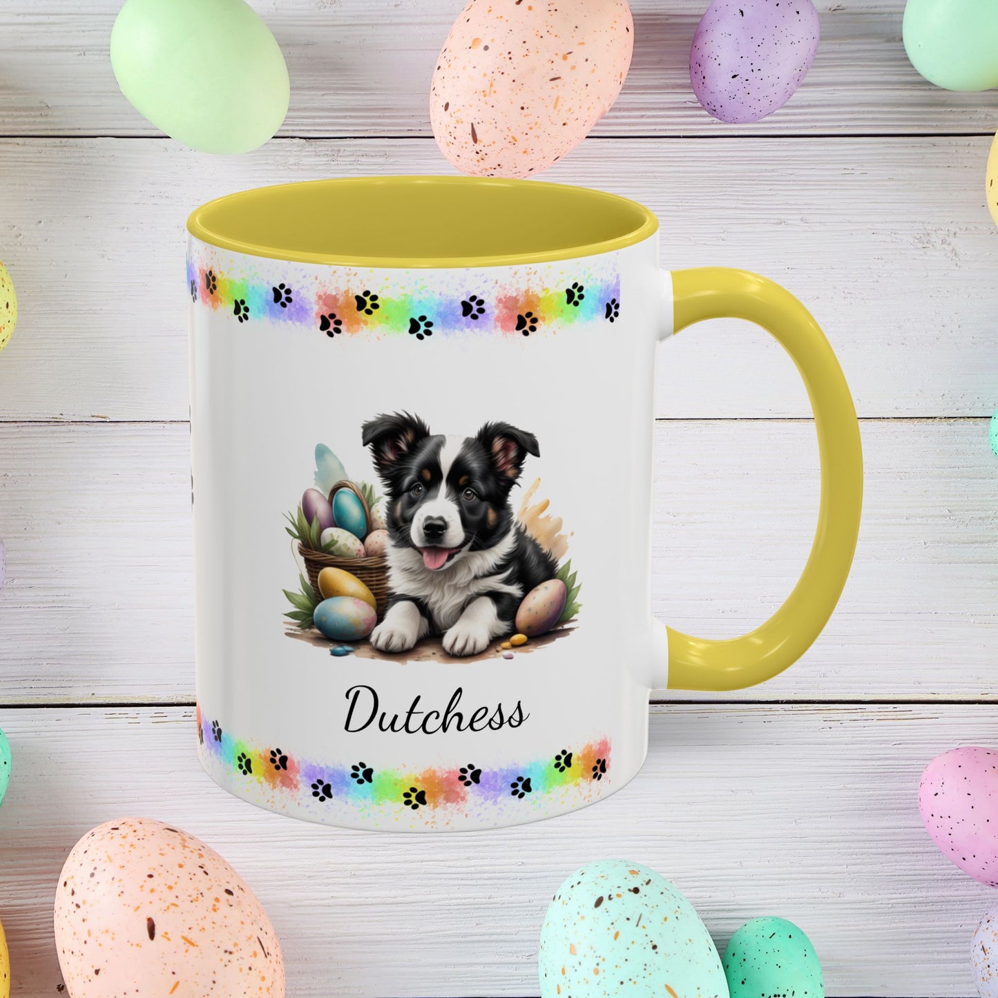 Border Collie Black & White Easter puppy coffee mug, personalized cute dog gift for mental health support