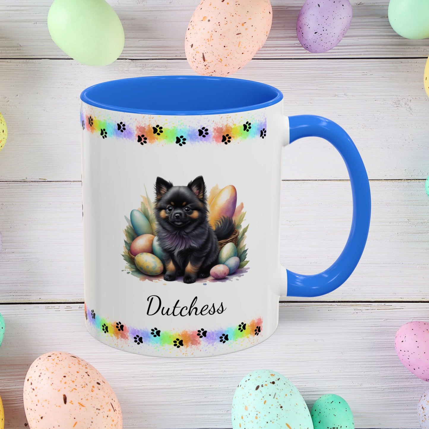 Pomeranian Black & Tan Easter puppy coffee mug, personalized cute dog coffee cup gift for mental health support