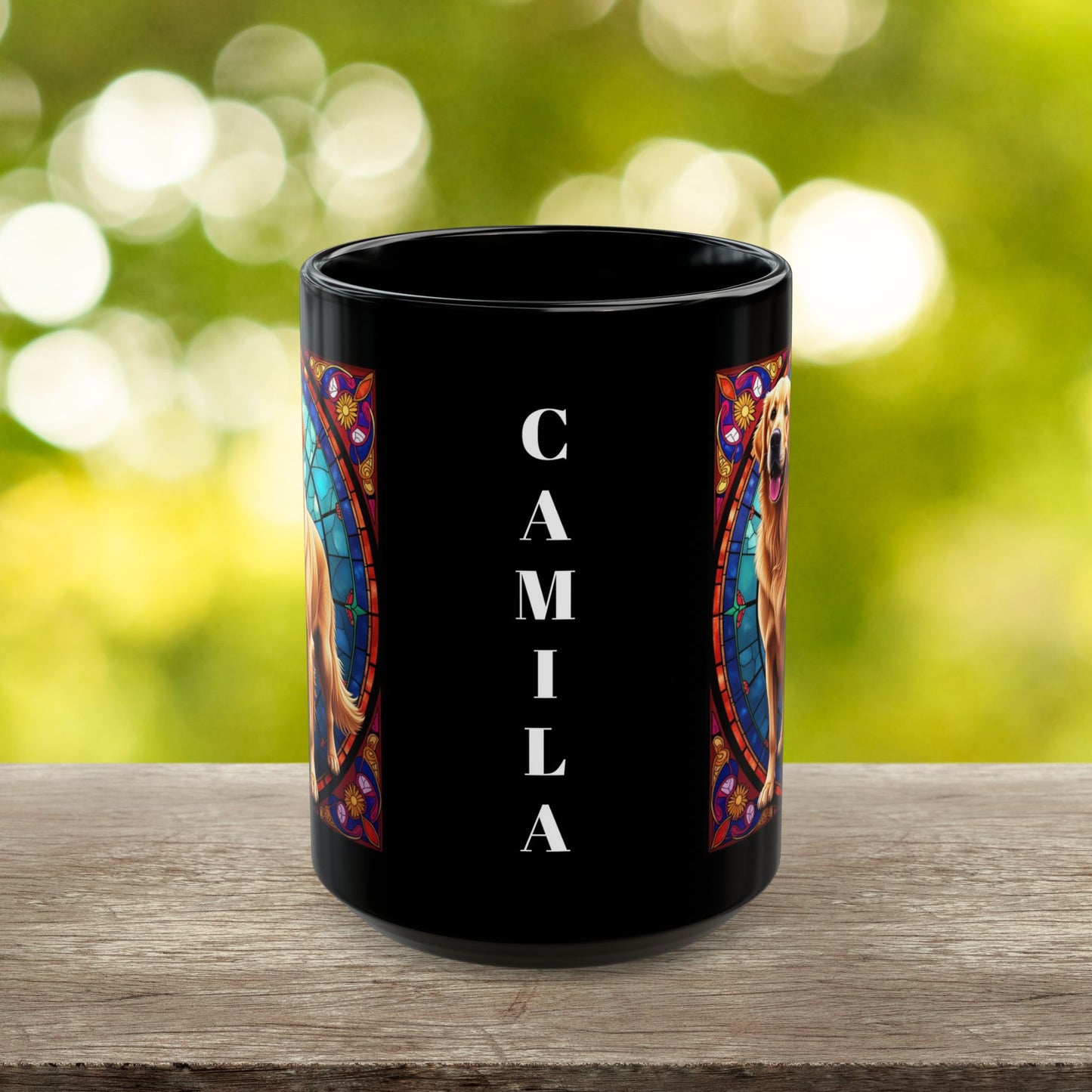 Classic Golden Retriever stained glass style coffee mug, customizable with dog name, perfect gift for pet parents