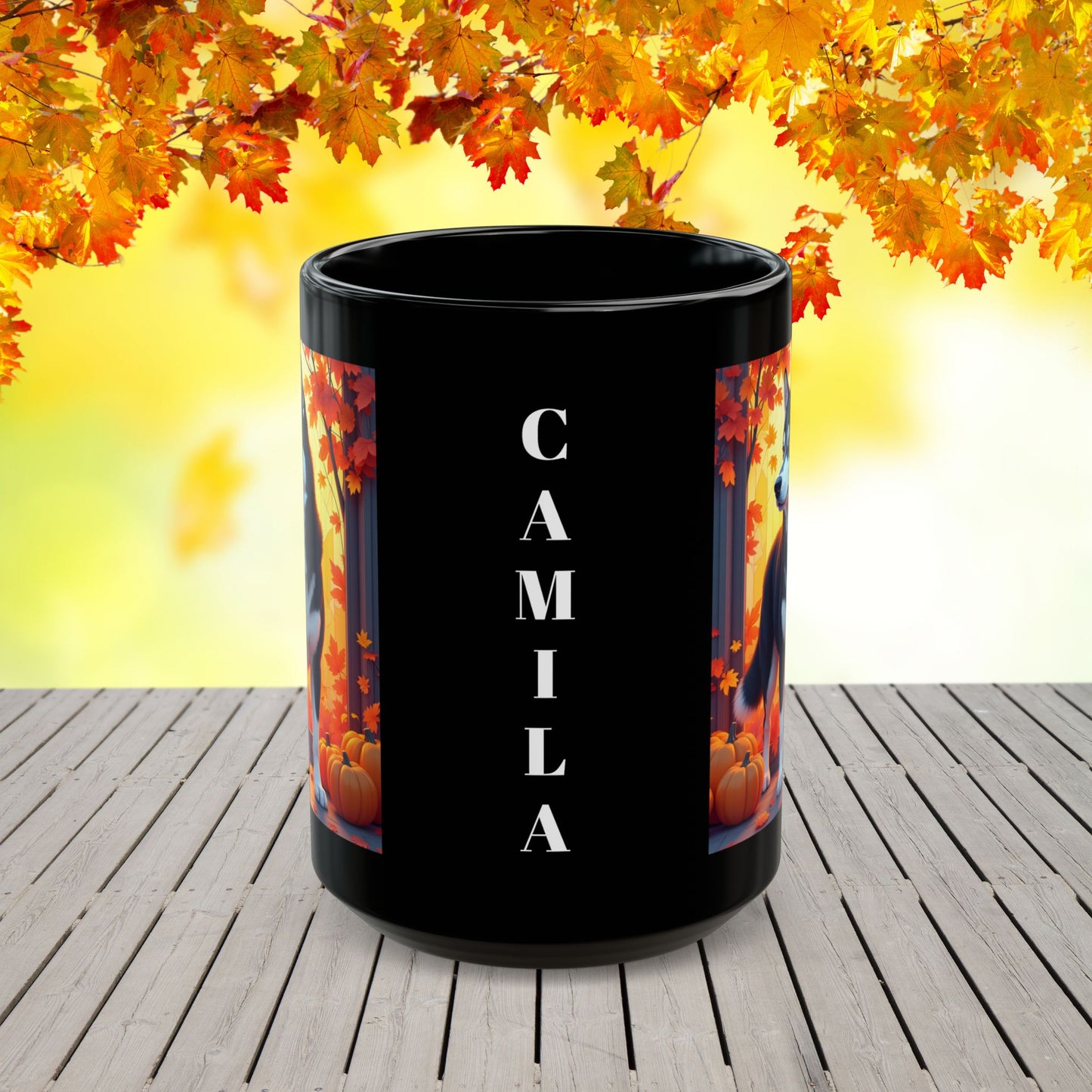 Black & White Husky (Amber Eyes) autumn mug, personalized dog owner gift for cozy fall coffee or tea