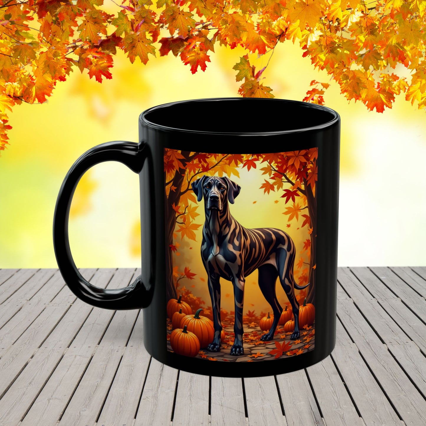 Great Dane Brindle - Autumn mug, custom fall coffee cup for gentle giant dog lovers
