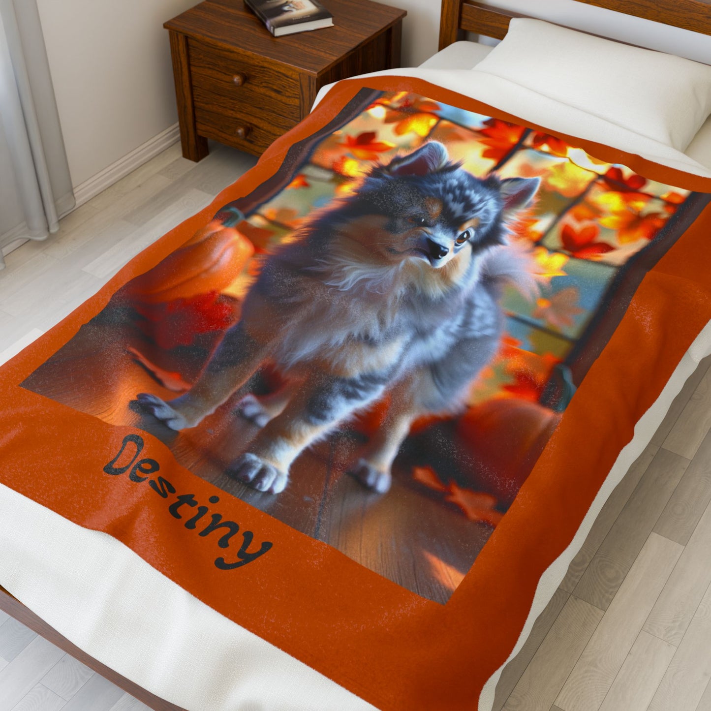Blue Merle and Tan Pomeranian velveteen plush blanket, cozy dog throw blanket for pet owners and home decor