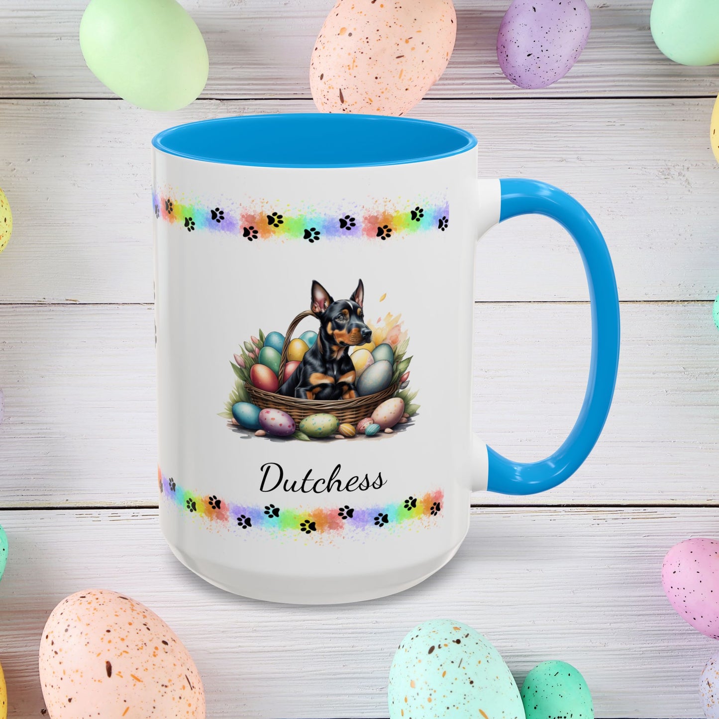 Doberman personalized Easter puppy mug, cute dog coffee cup gift for mental health awareness and comfort