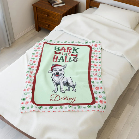 Shop our personalized german shepherd white velveteen plush blanket bark the halls featuring the 50" × 60" style option from MySisterIsASurvivor.