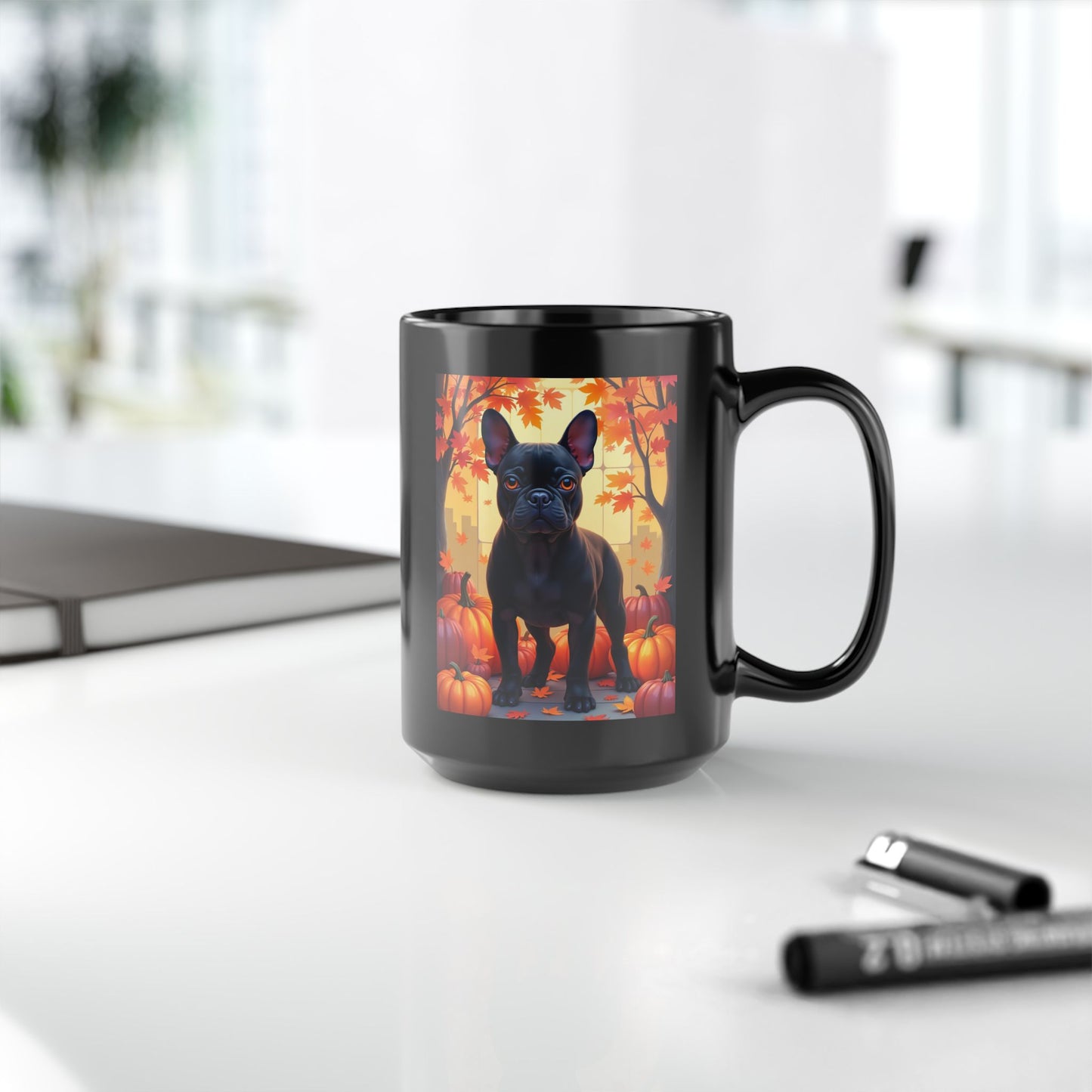 French Bulldog Black - Cozy autumn coffee mug, dog lover gift for Frenchie moms and dads