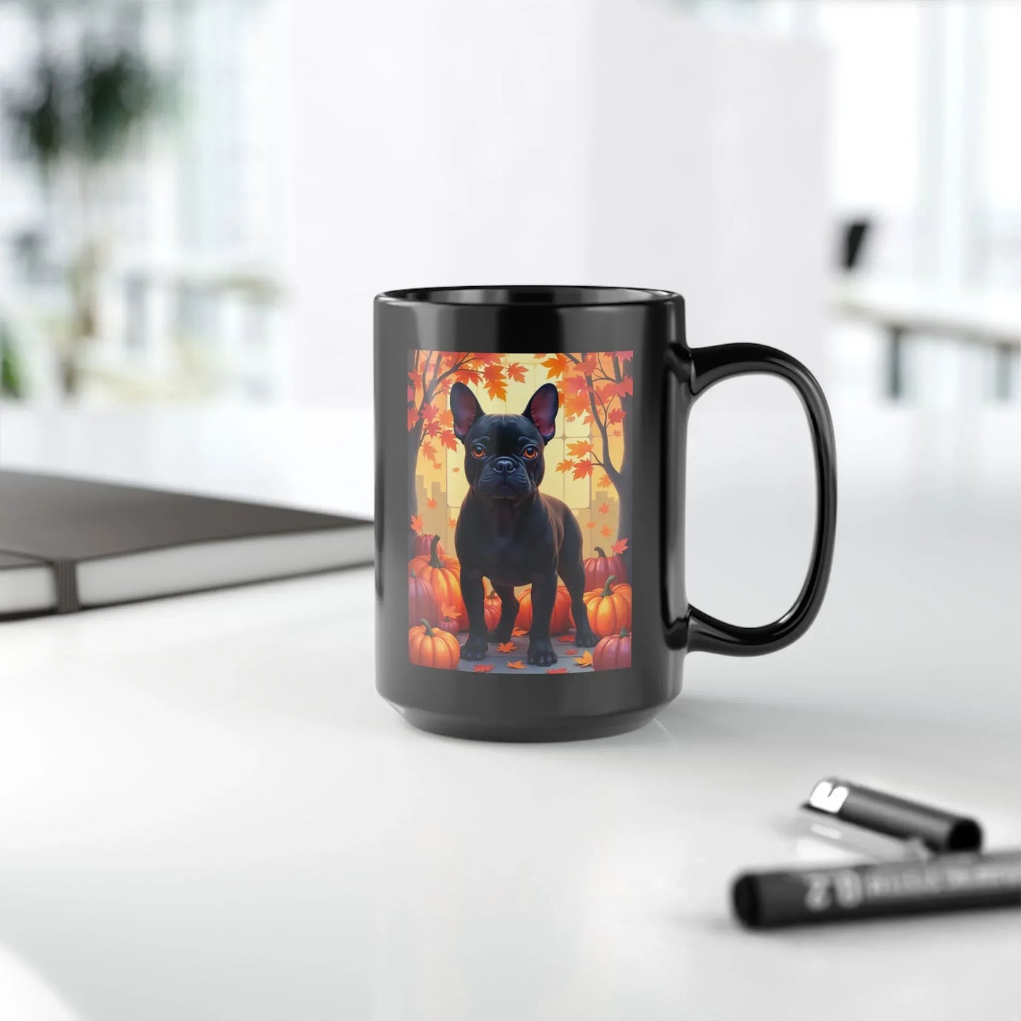 Shop our premium black french bulldog autumn black mug from MySisterIsASurvivor.