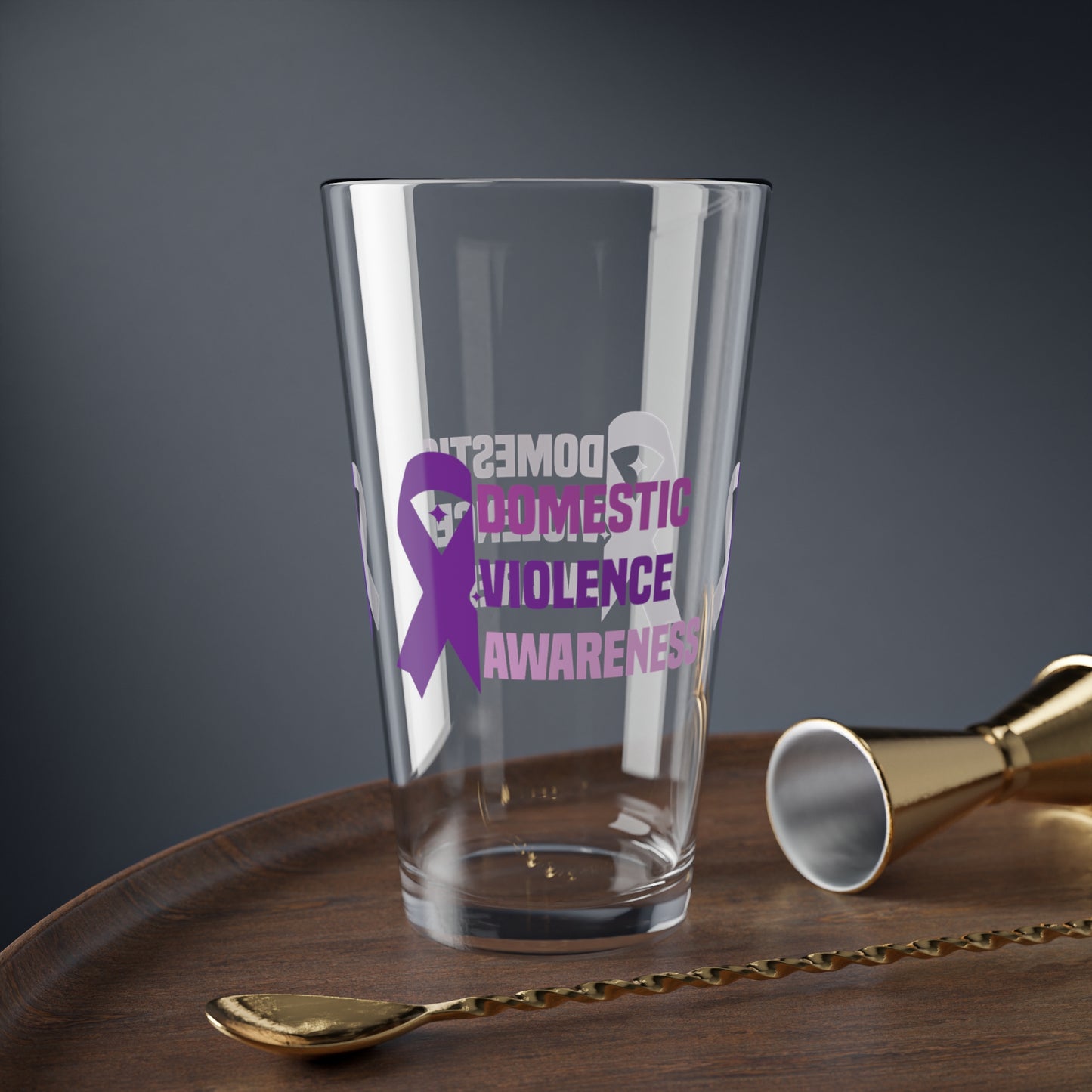 Domestic Violence Awareness pint glass with bold lettering and advocacy message
