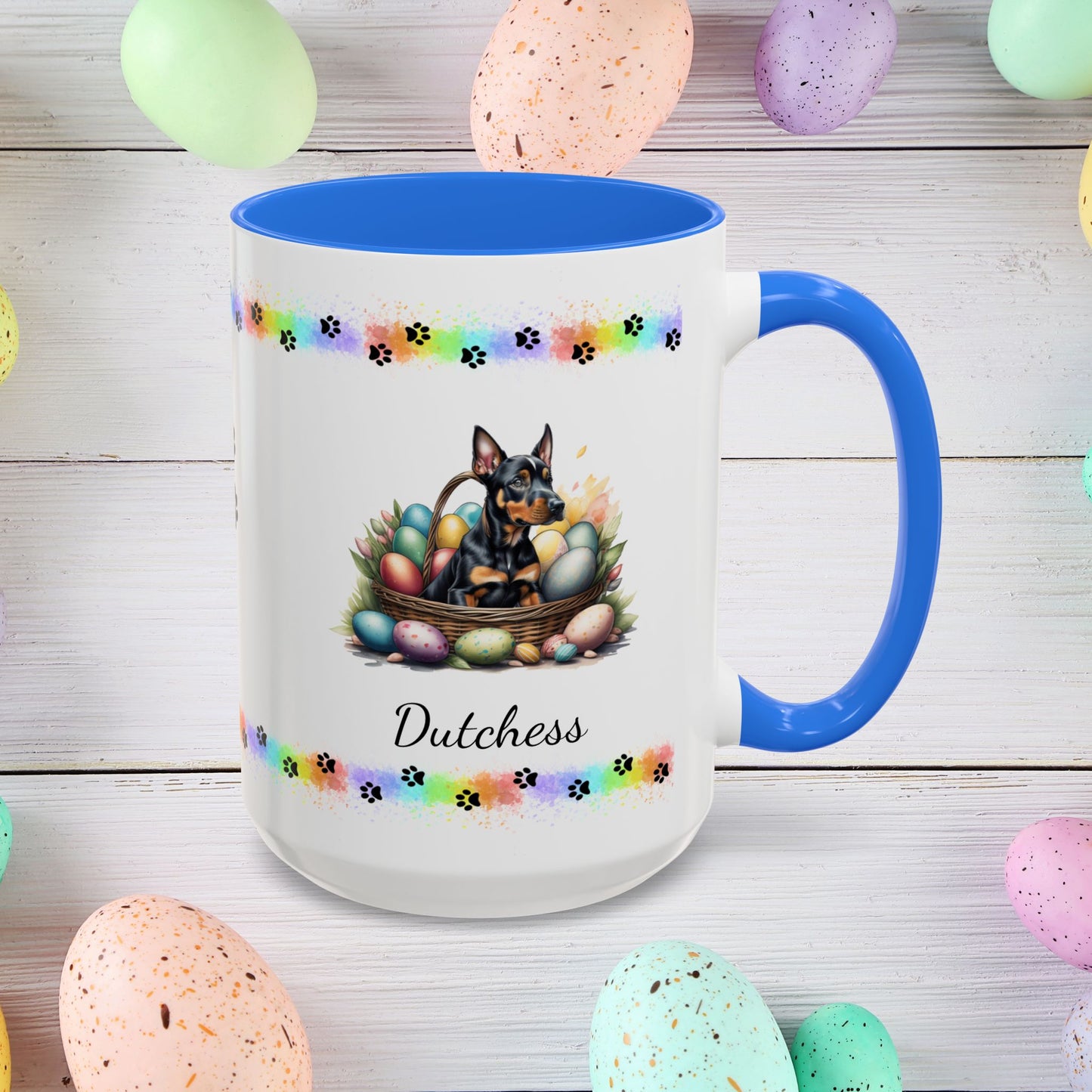 Doberman personalized Easter puppy mug, cute dog coffee cup gift for mental health awareness and comfort
