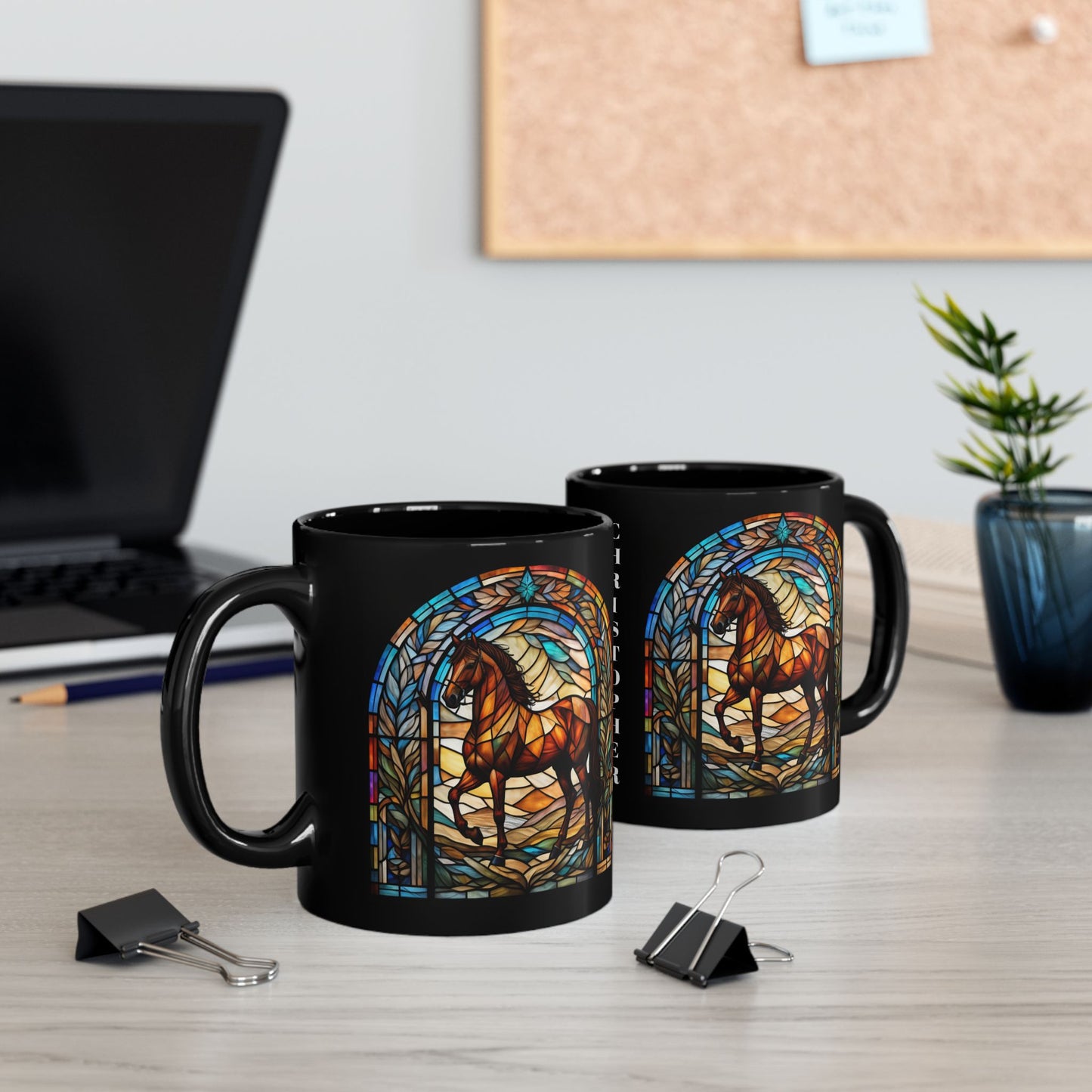 Horse personalized stained glass mug, coffee or tea cup, ideal gift for wildlife enthusiasts.