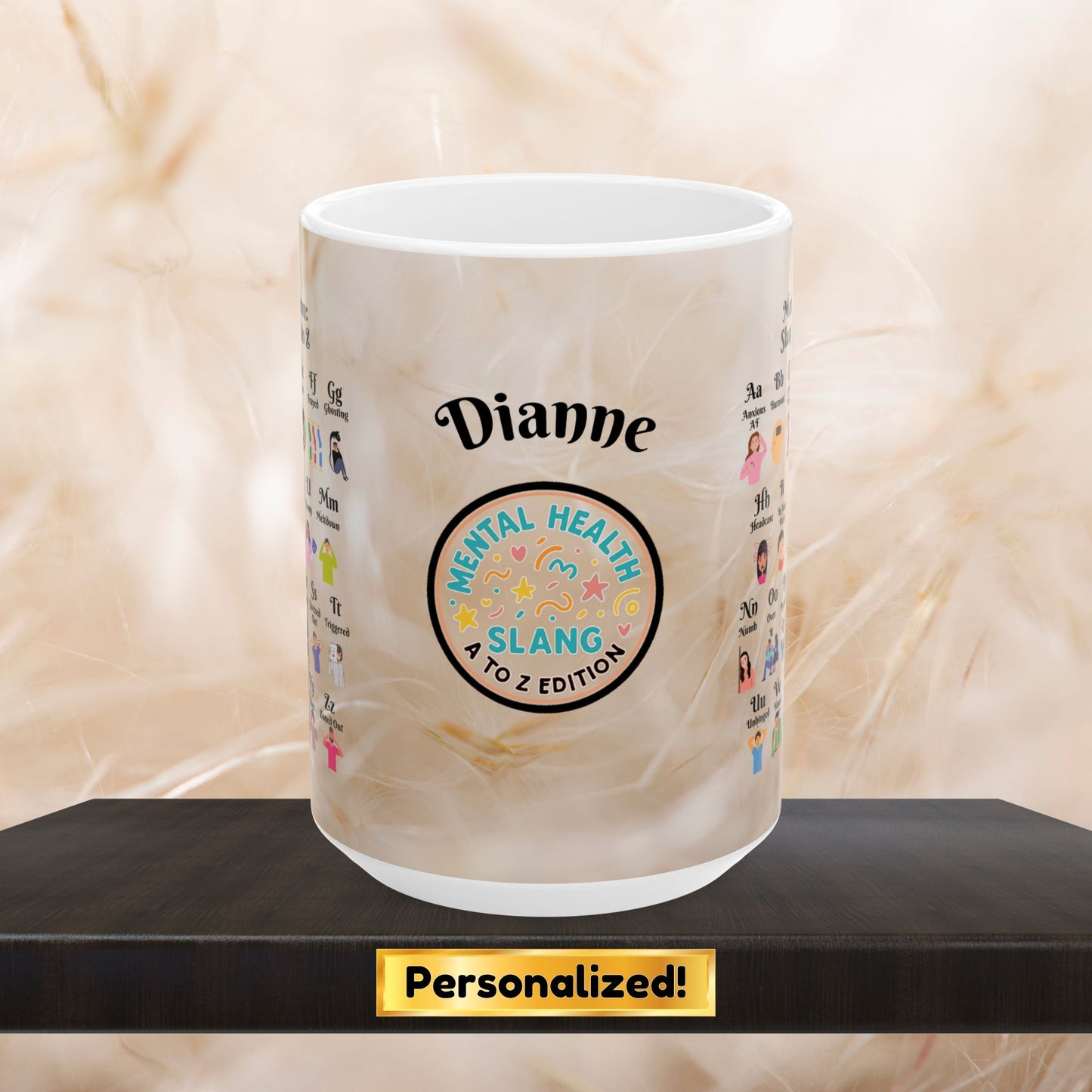 Mental Lexicon Mug with A-Z therapy slang, customizable for personal or professional mental health awareness use.