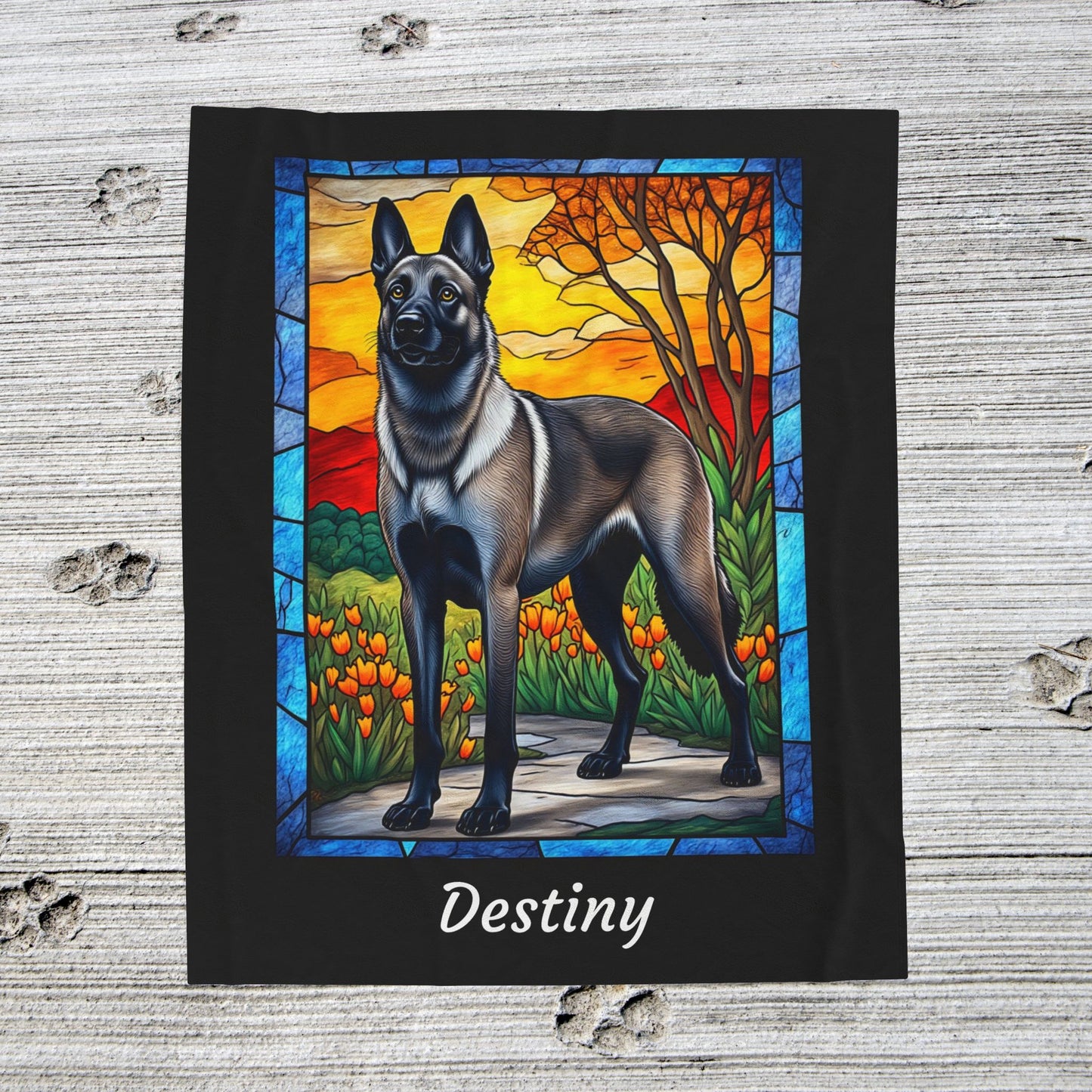 Belgian Malinois gray sable velveteen blanket, stained glass dog throw, personalized pet gift - MySisterIsASurvivor