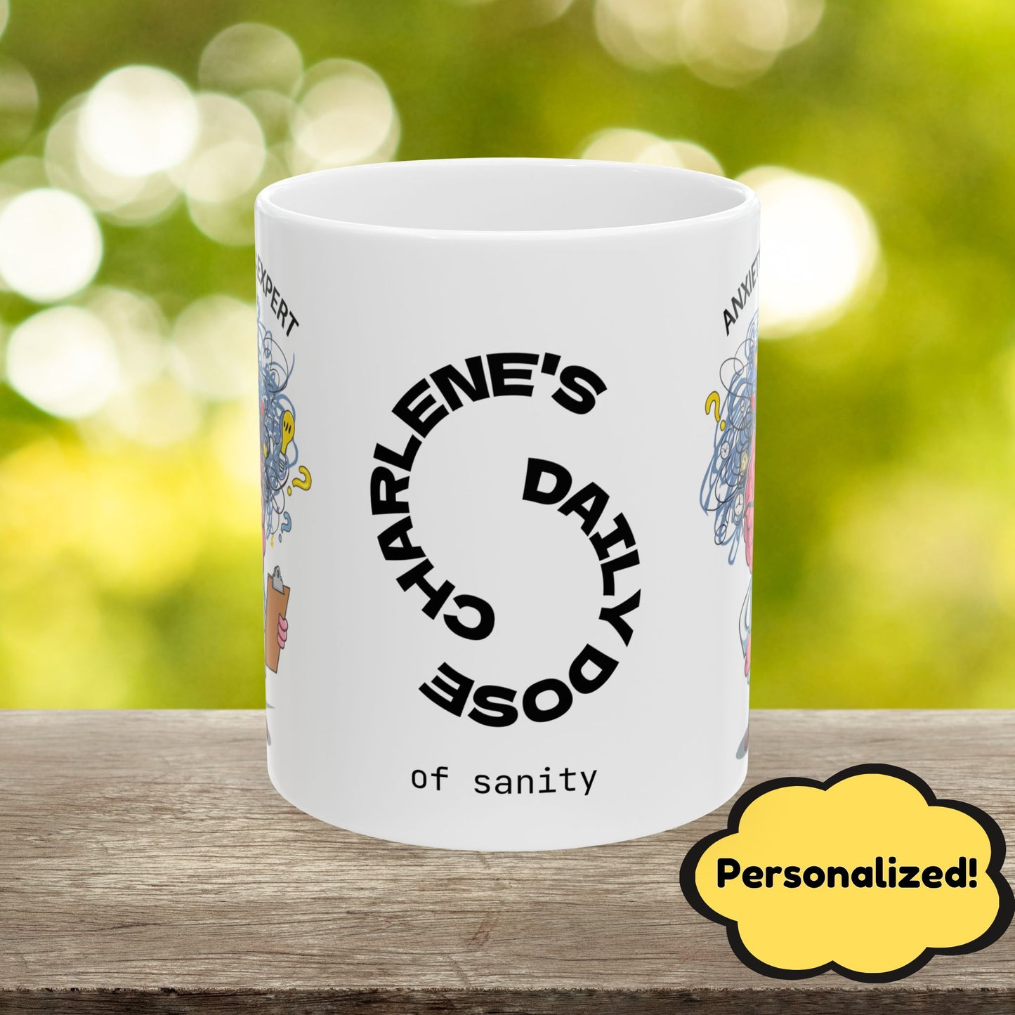 "Anxiety Level: Expert" funny mental health mug with affirmations for anxiety relief and self-care.