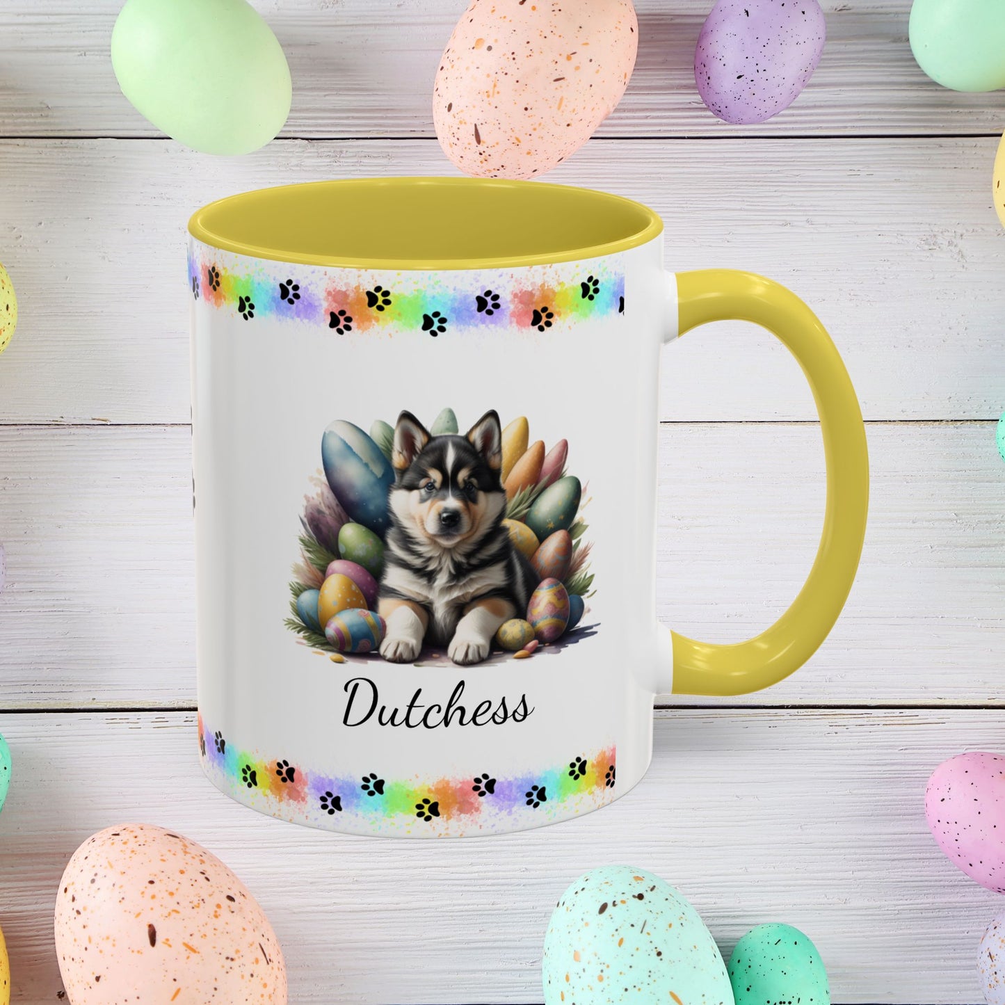Alaskan Malamute Easter puppy coffee mug, personalized cute dog gift for mental health support and comfort