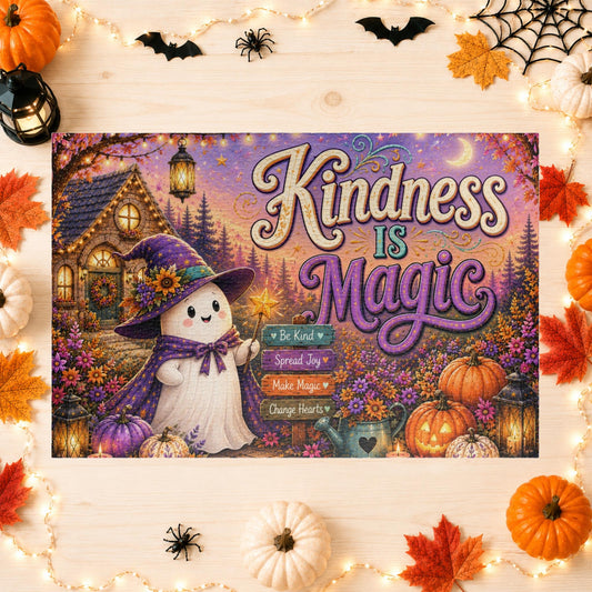Kindness Is Magic Halloween puzzle featuring witch ghost, pumpkins, wand, and colorful flowers