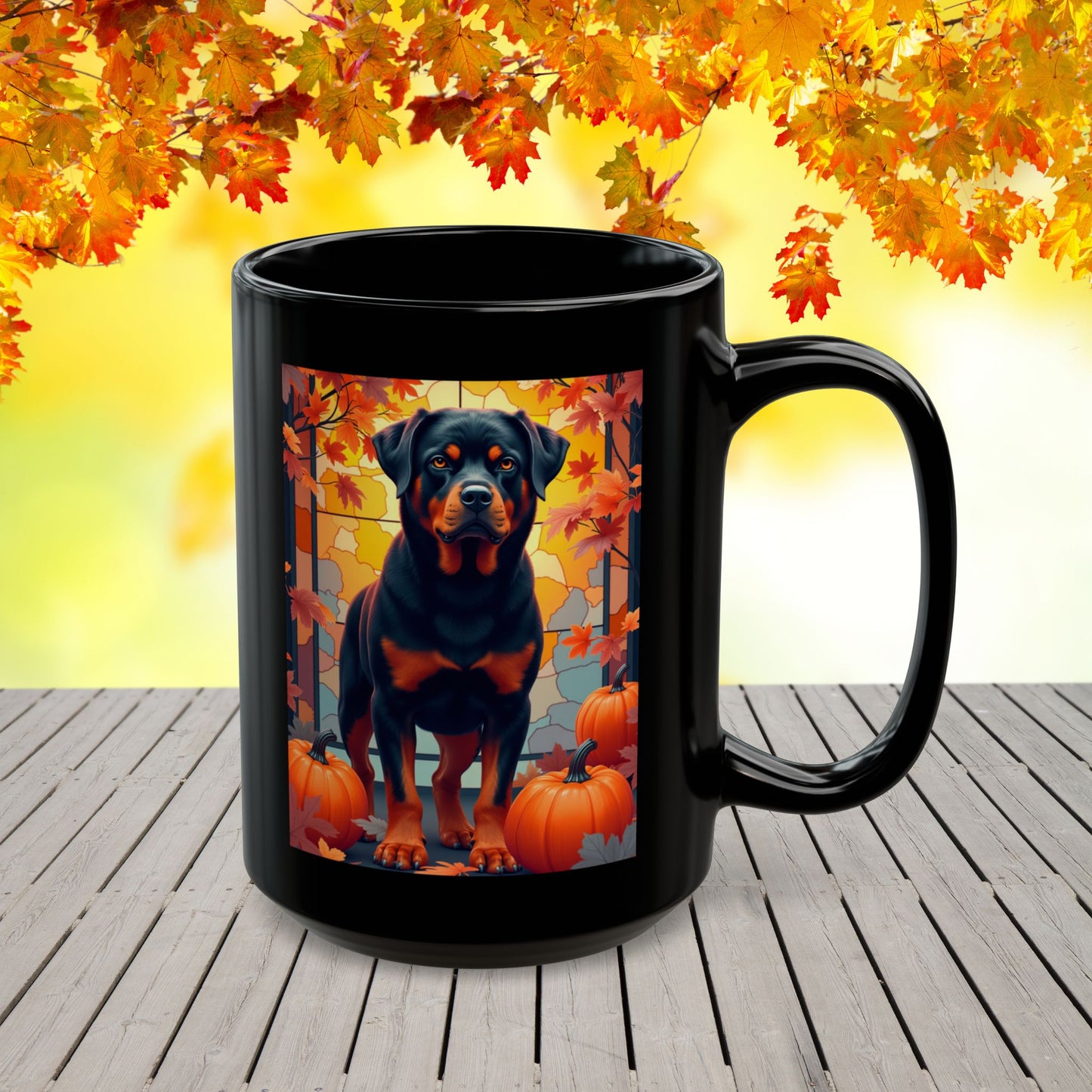 Black and Rust Rottweiler personalized mug with autumn leaves, custom coffee cup for dog lovers and cozy fall gift