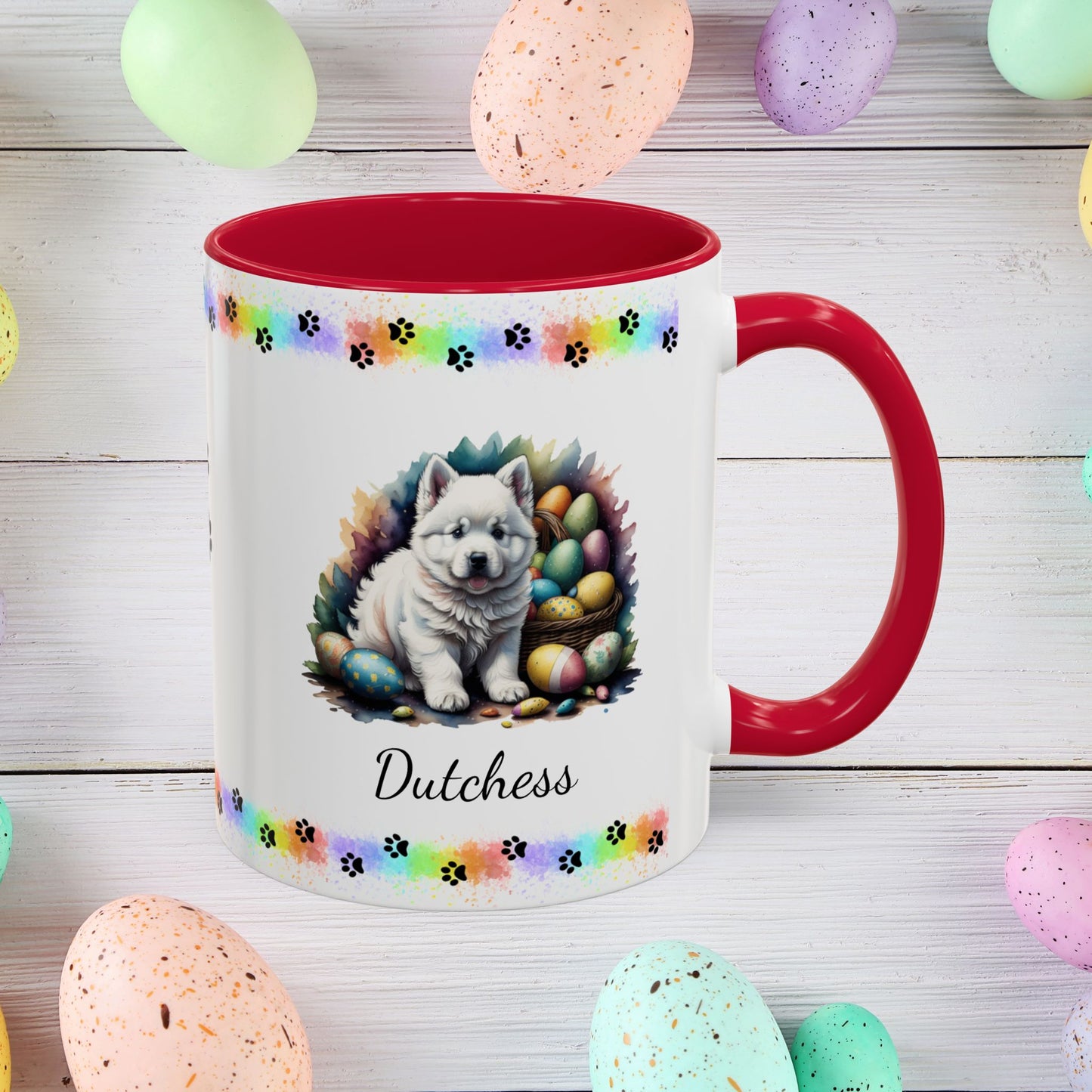 Samoyed Easter puppy coffee mug personalized dog design, cozy mental health gift for spring and daily mindfulness.