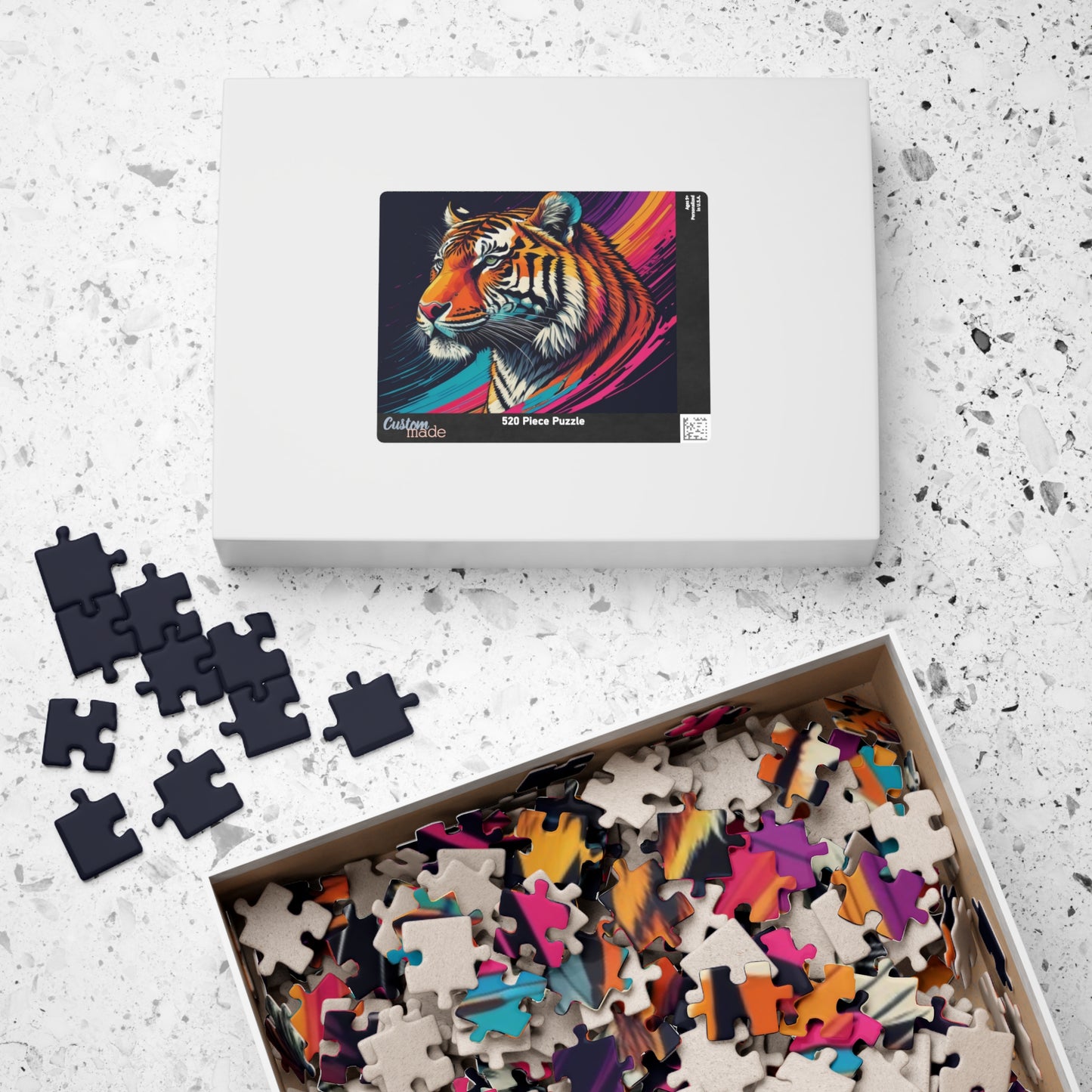 Detailed close-up of tiger stripes, printed on a puzzle that celebrates resilience and natural beauty