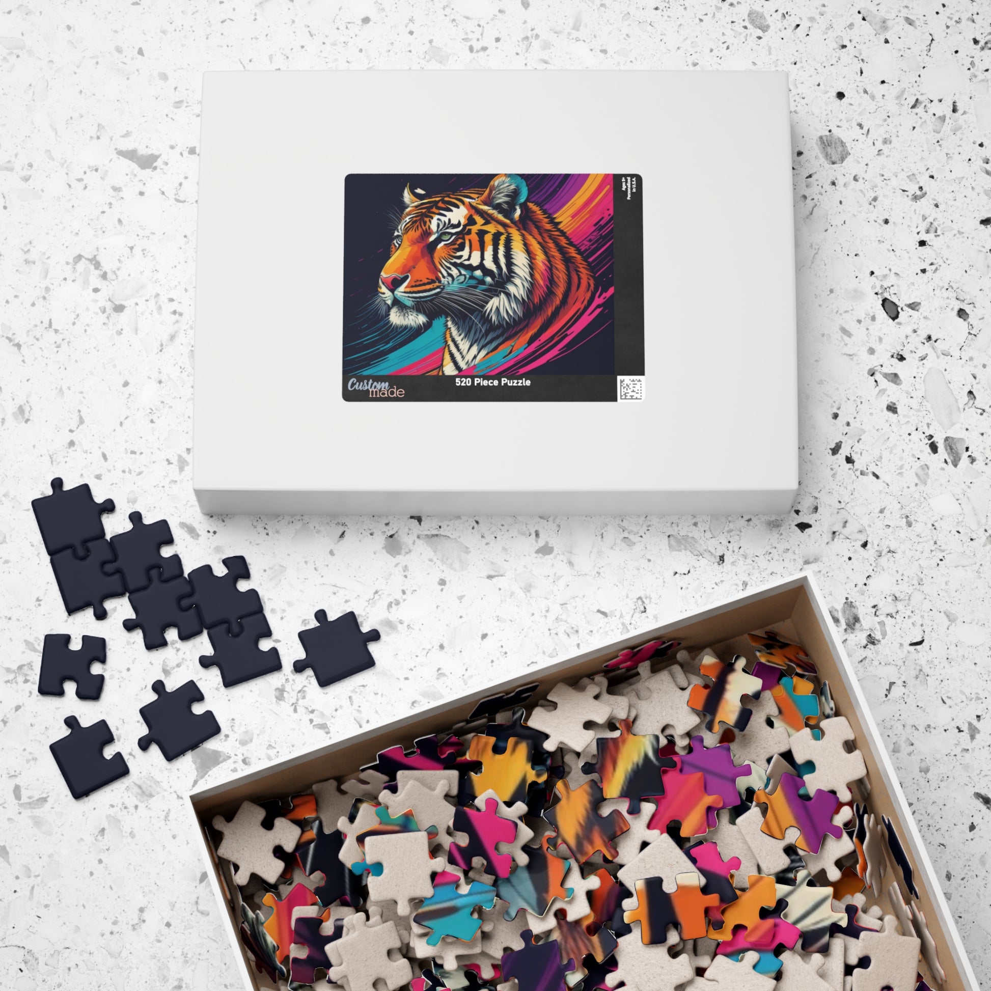 Detailed close-up of tiger stripes, printed on a puzzle that celebrates resilience and natural beauty