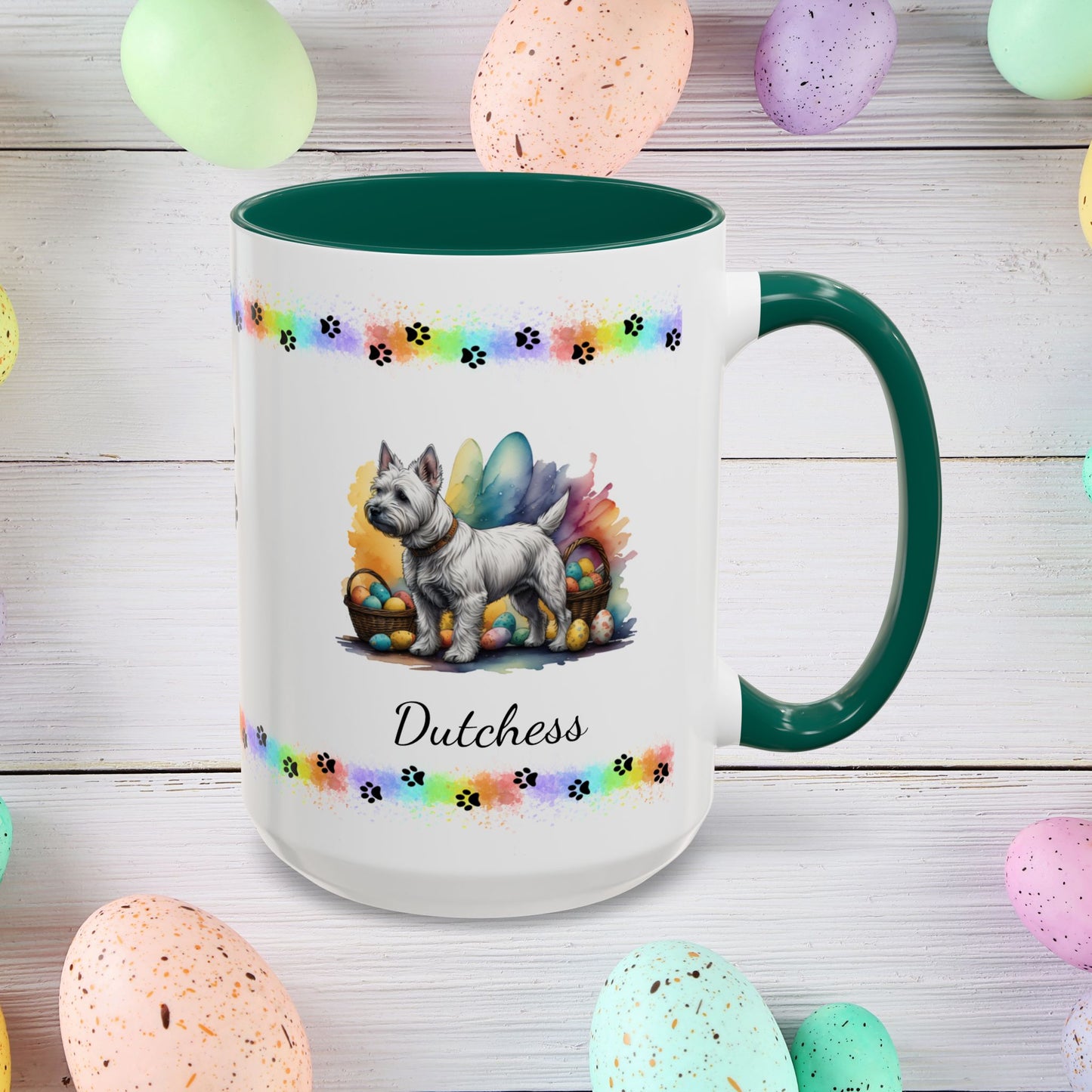 West Highland Terrier Easter puppy coffee mug personalized gift, perfect for Easter mornings and mental health awareness.