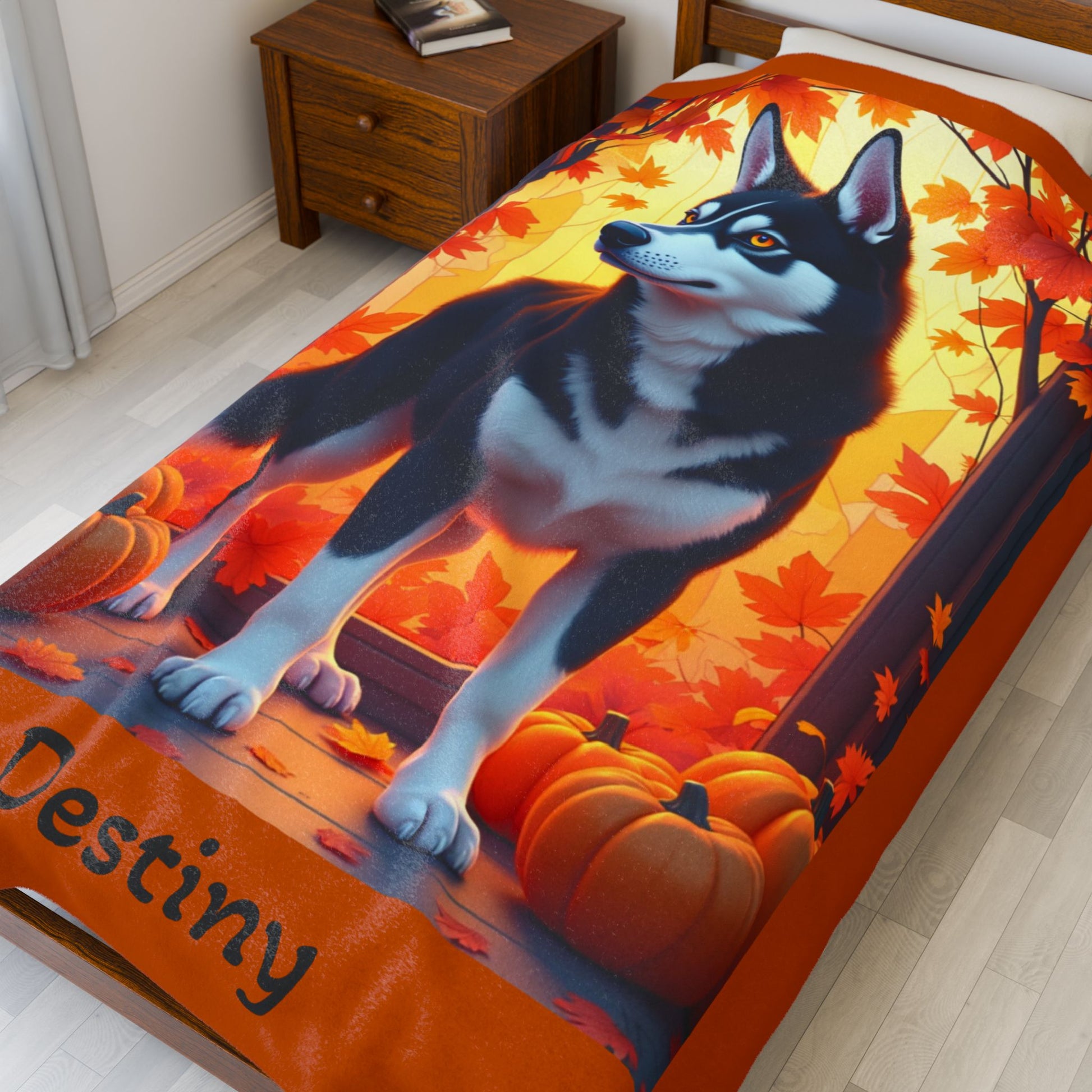 Siberian Husky Black & White Coat (Amber Eyes) Velveteen Blanket, Custom Dog Lover Throw